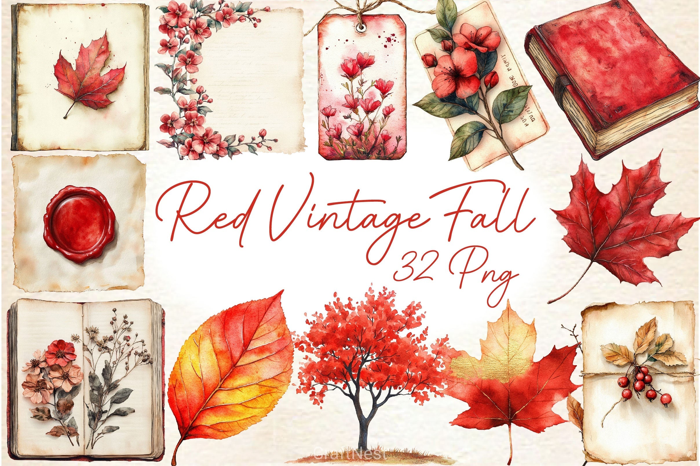Red Vintage Fall Ephemera Clipart Bundle 2