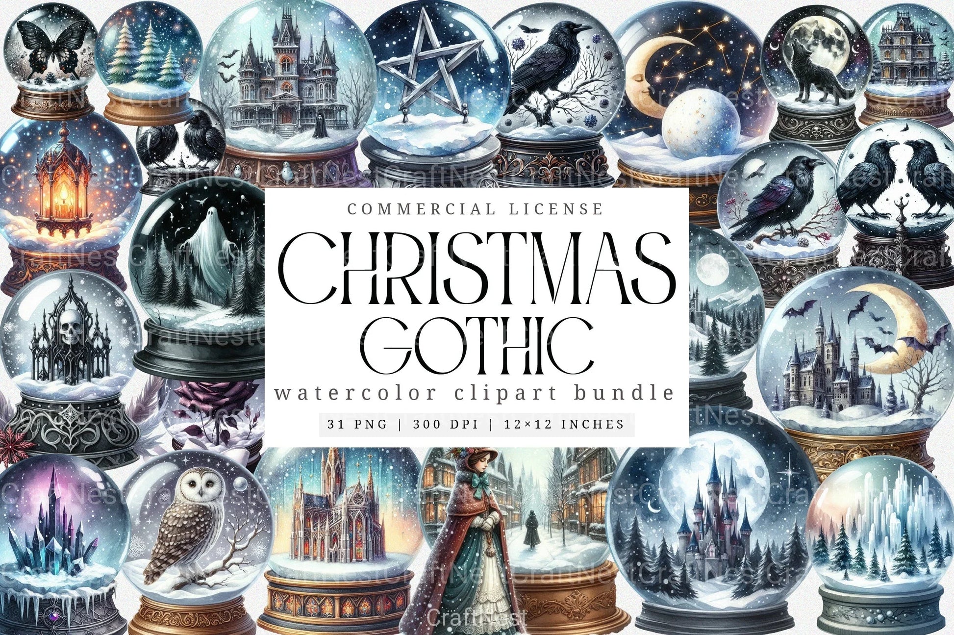 Gothic Christmas Ornaments Clipart Bundle - Transparent Background Graphics - CraftNest - Digital Crafting and Art