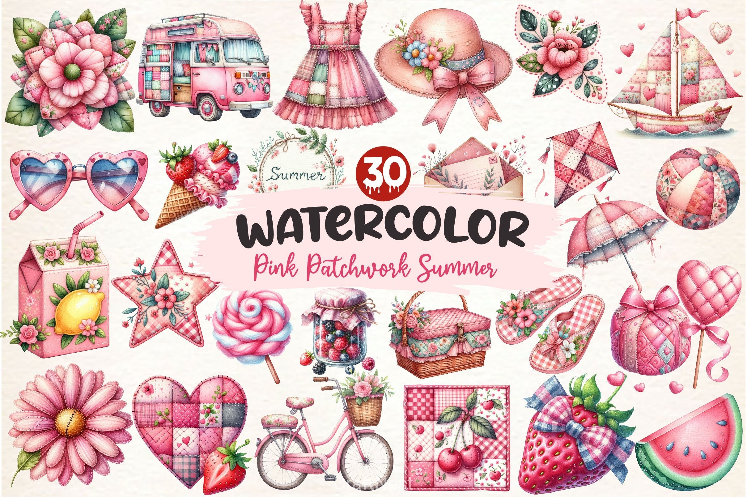 Pink Patchwork Summer Clipart Bundle