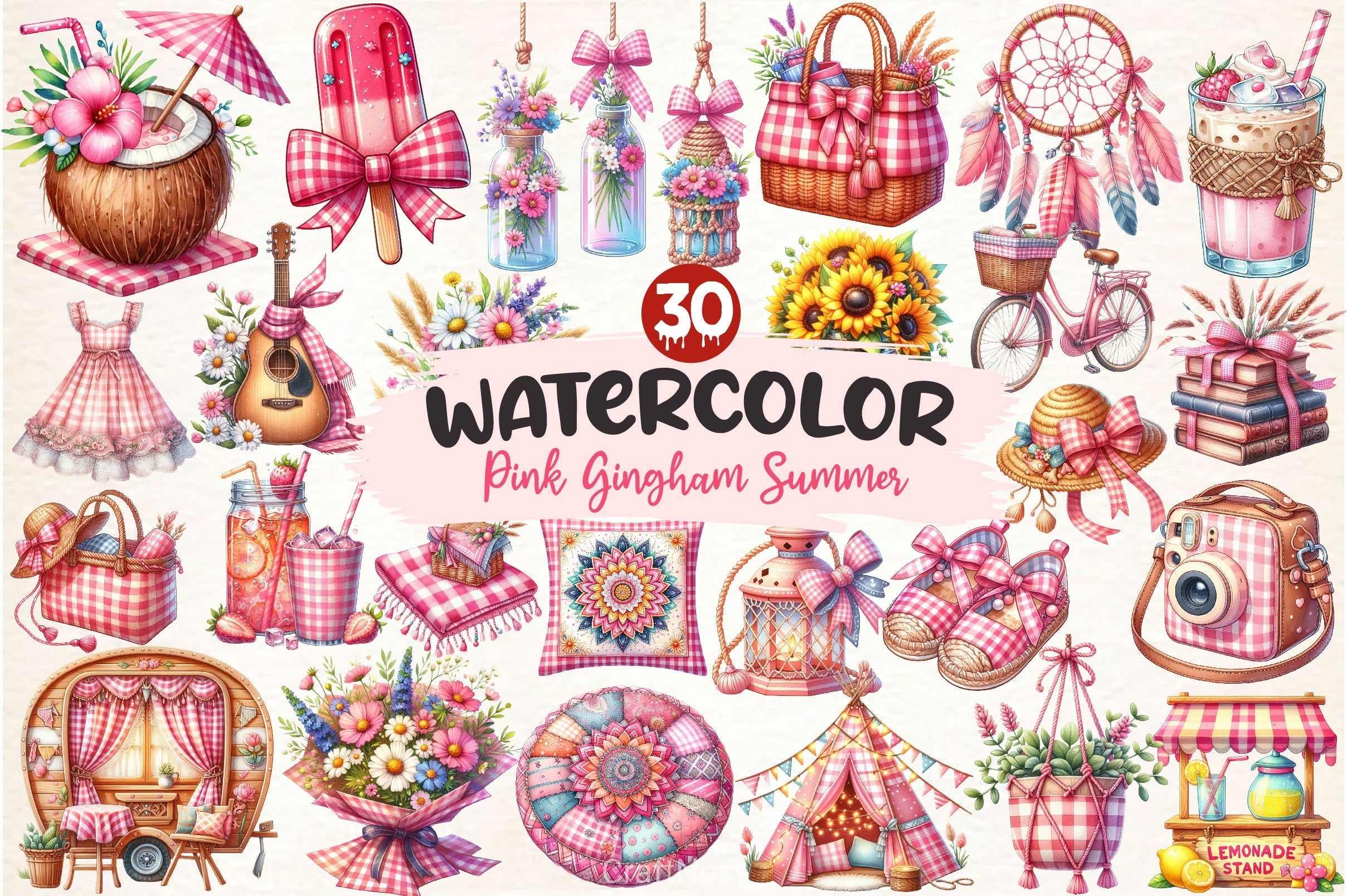 Bohemian Pink Gingham Summer Clipart Bundle 2