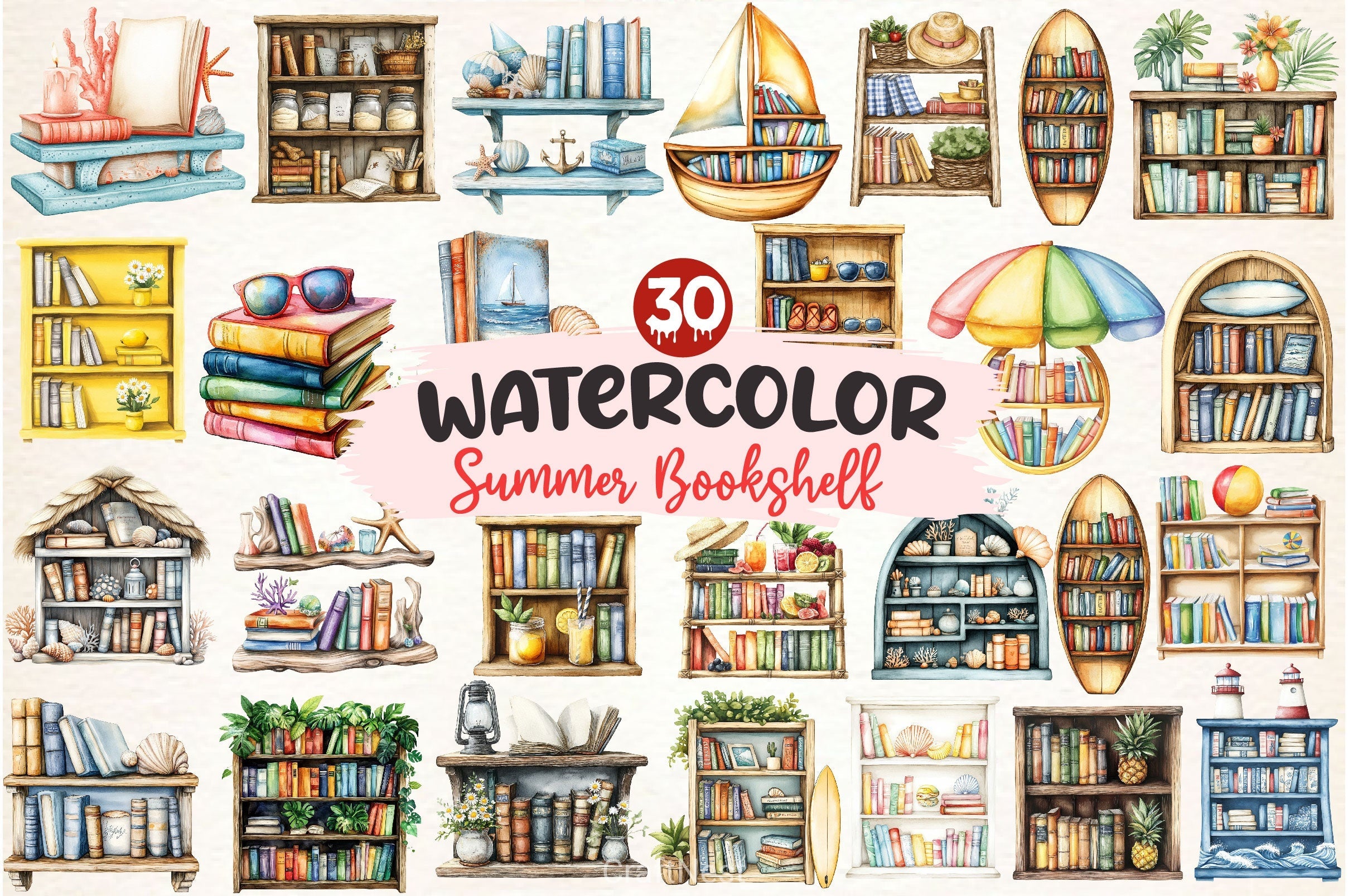 Summer Bookshelf Clipart Bundle 2