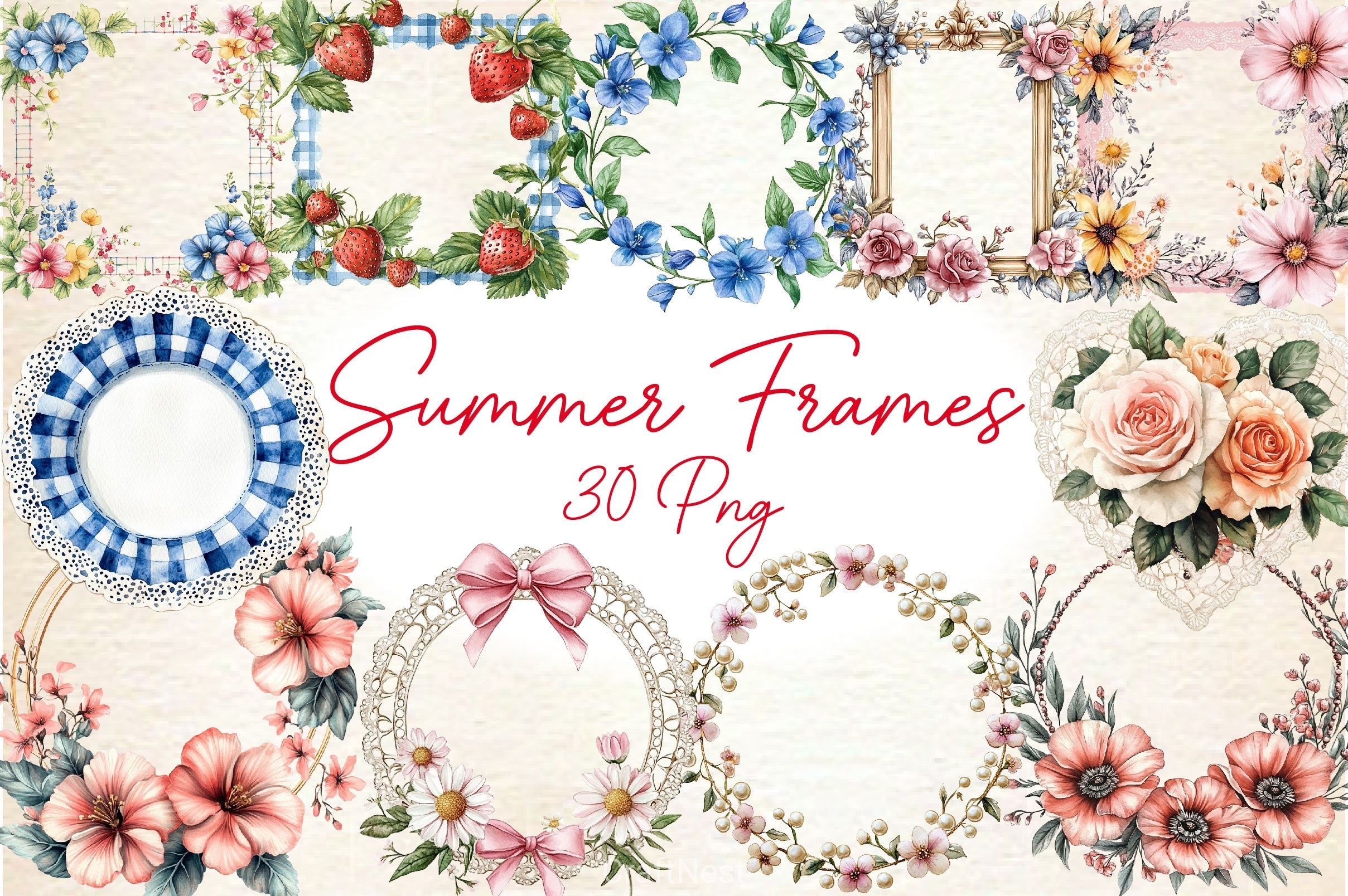 Summer Coquette Frames Borders Clipart Bundle