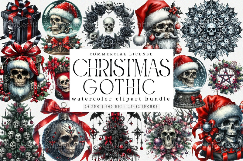 Gothic Christmas Clip Art: Spooky Skull & Raven Graphics Bundle - CraftNest - Digital Crafting and Art