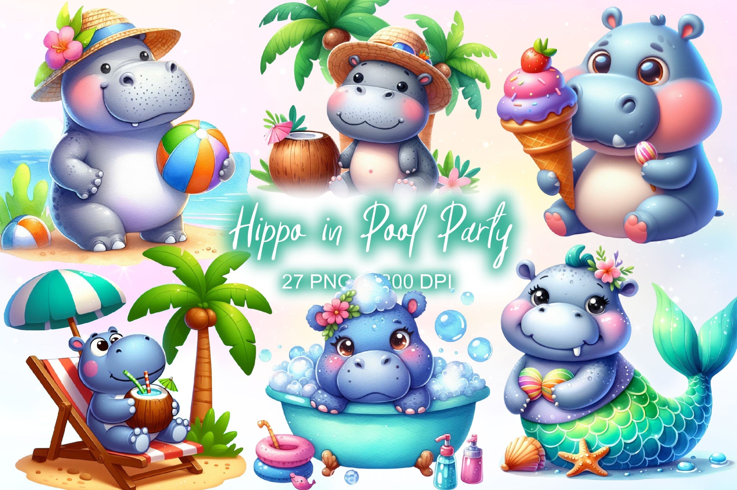 Funny Hippo In Pool Party Clipart Bundle 2