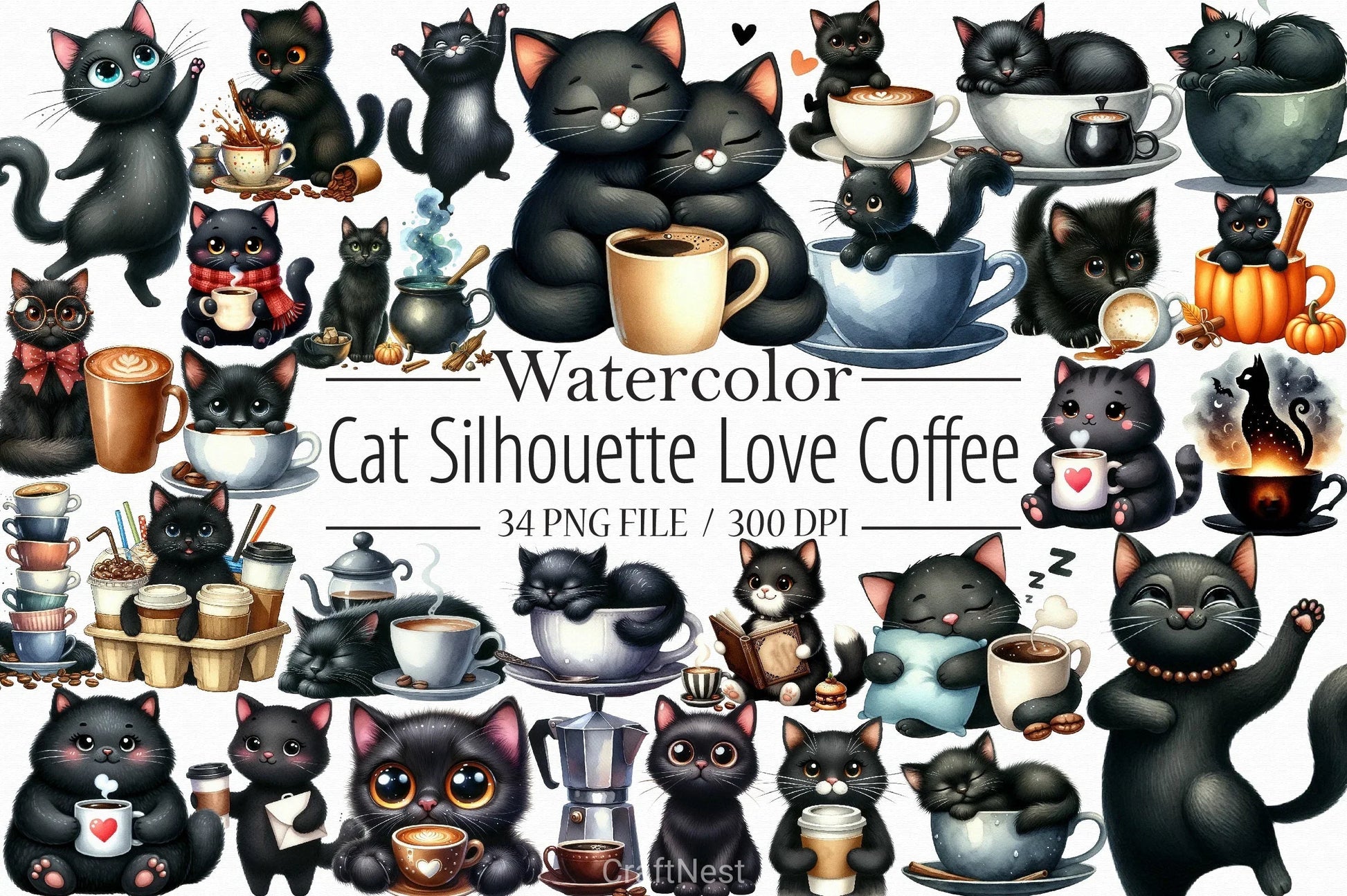 Cat Silhouette Coffee Clipart Bundle - CraftNest - Digital Crafting and Art