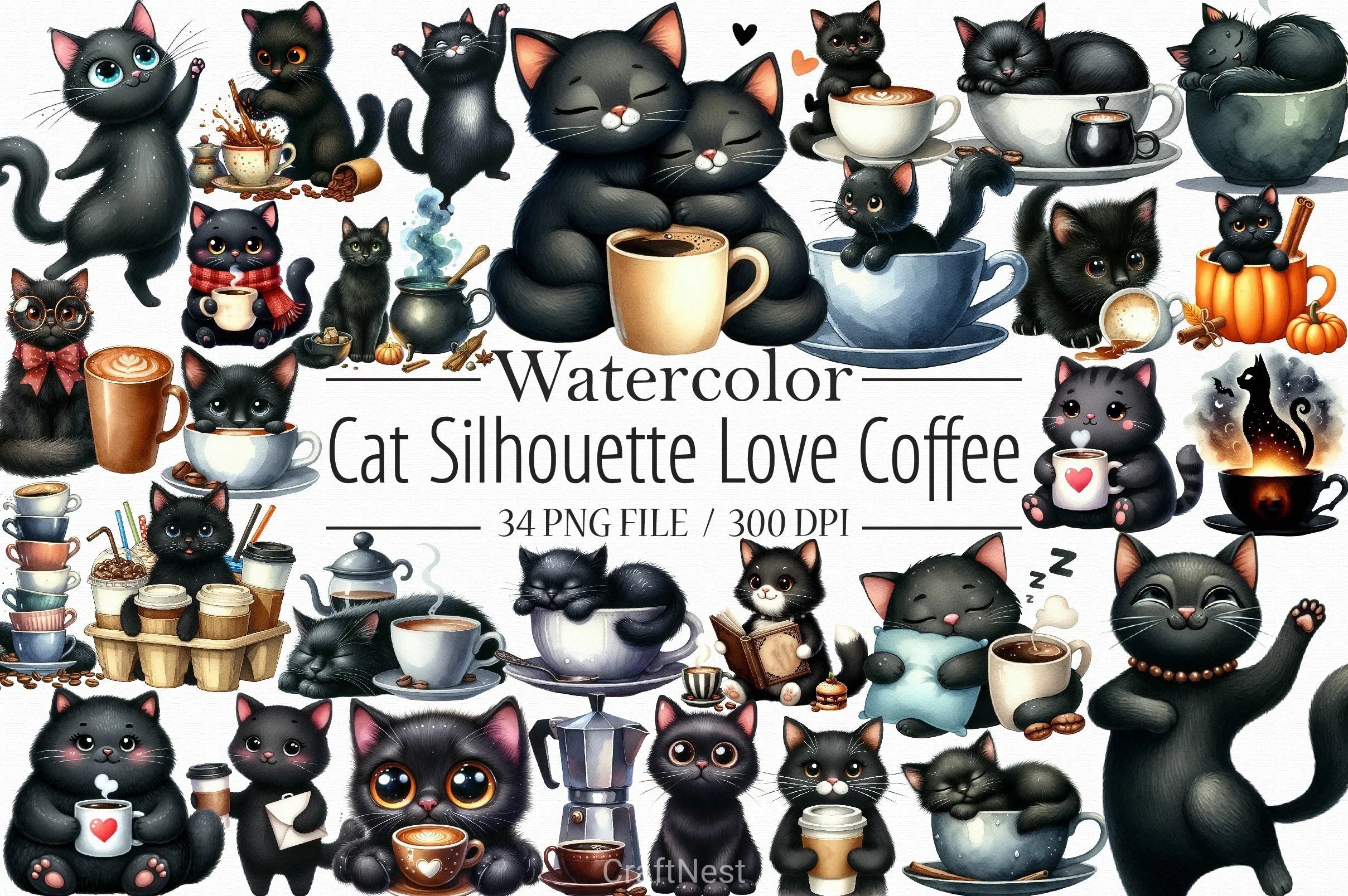 Cat Silhouette Coffee Clipart Bundle - CraftNest - Digital Crafting and Art