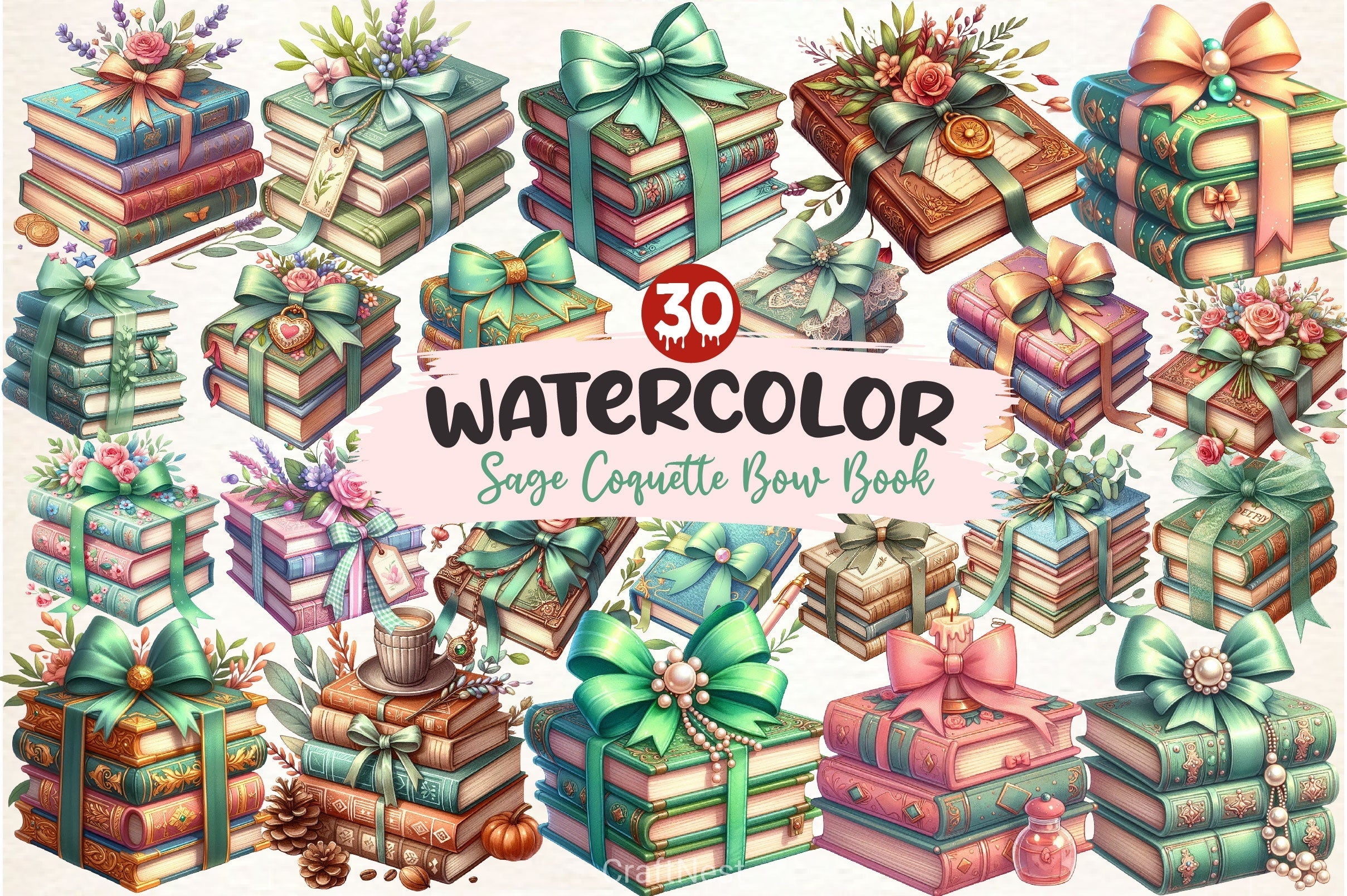 Sage Coquette Bow Book Stack Clipart Bundle