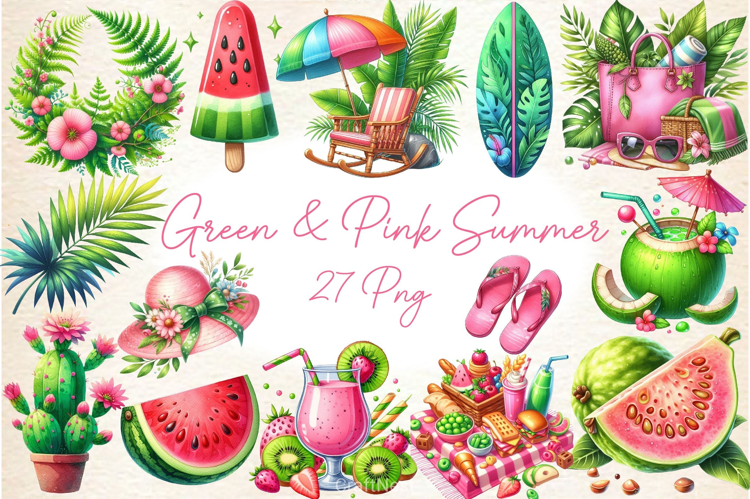 Green & Pink Summer Clipart Bundle 4
