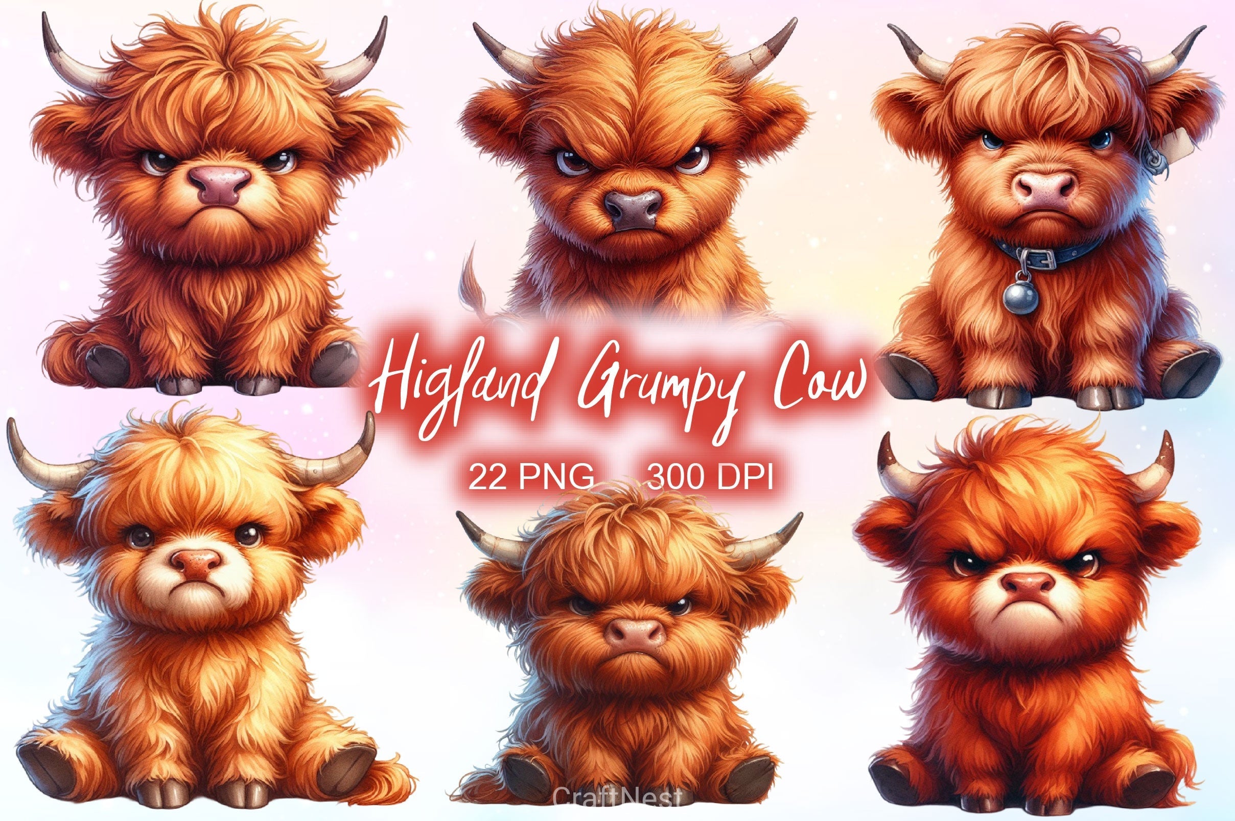 Funny Grumpy Highland Cow Clipart Bundle