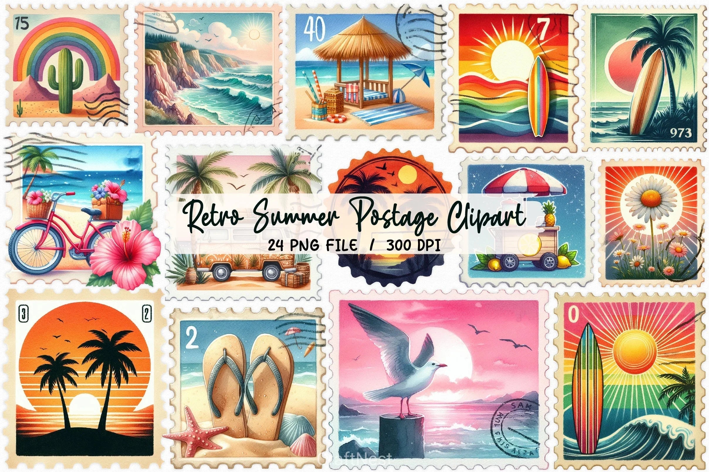 Retro Summer Postage Clipart Bundle 2 - CraftNest - Digital Crafting and Art