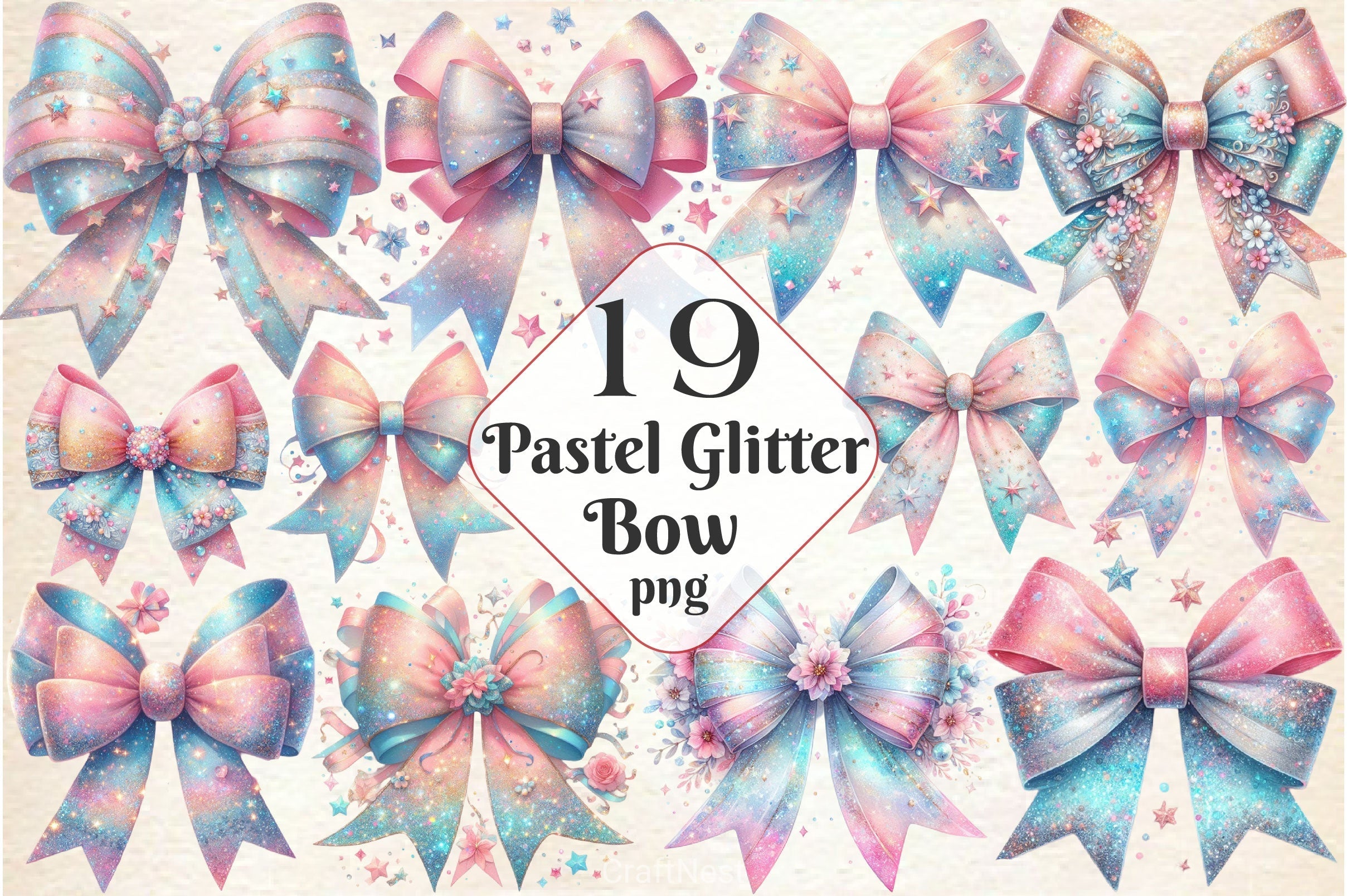 Pastel Glitter Bow Clipart Bundle 5