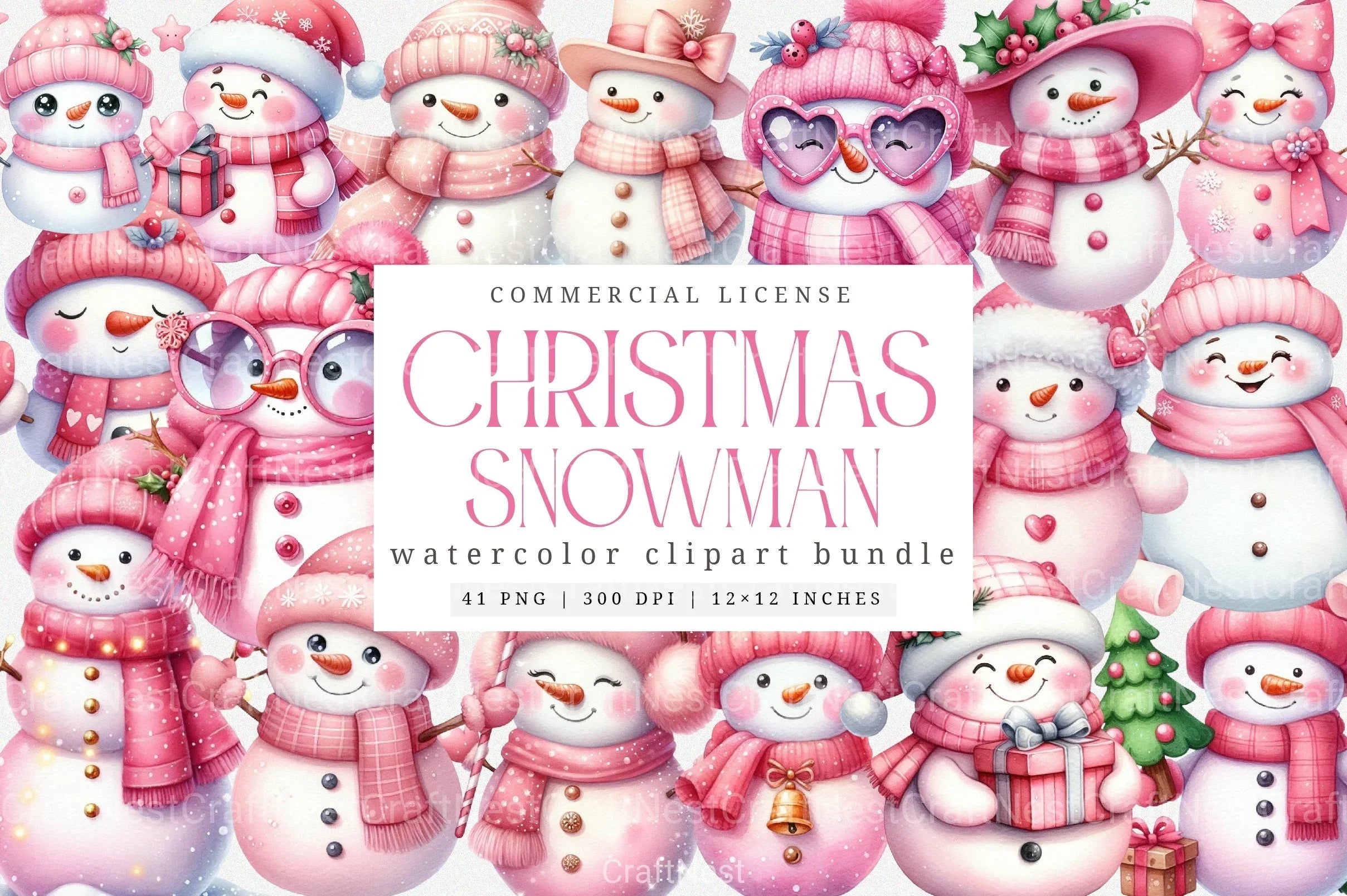 Festive Pink Snowman Christmas Clipart Bundle - CraftNest - Digital Crafting and Art