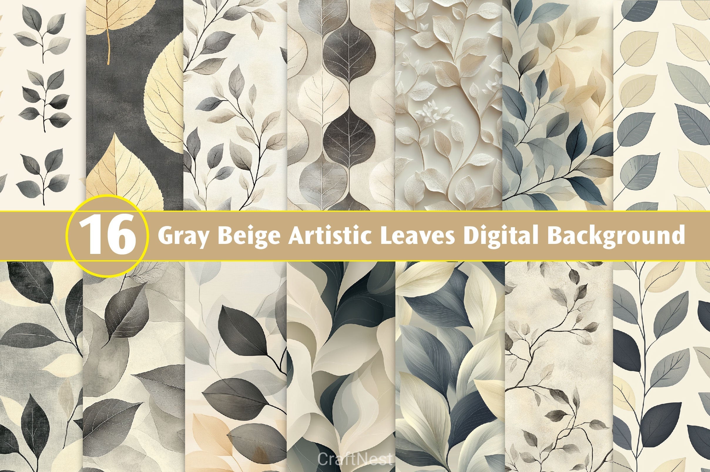 Gray Beige Artistic Leaves Digital Background Clipart Bundle