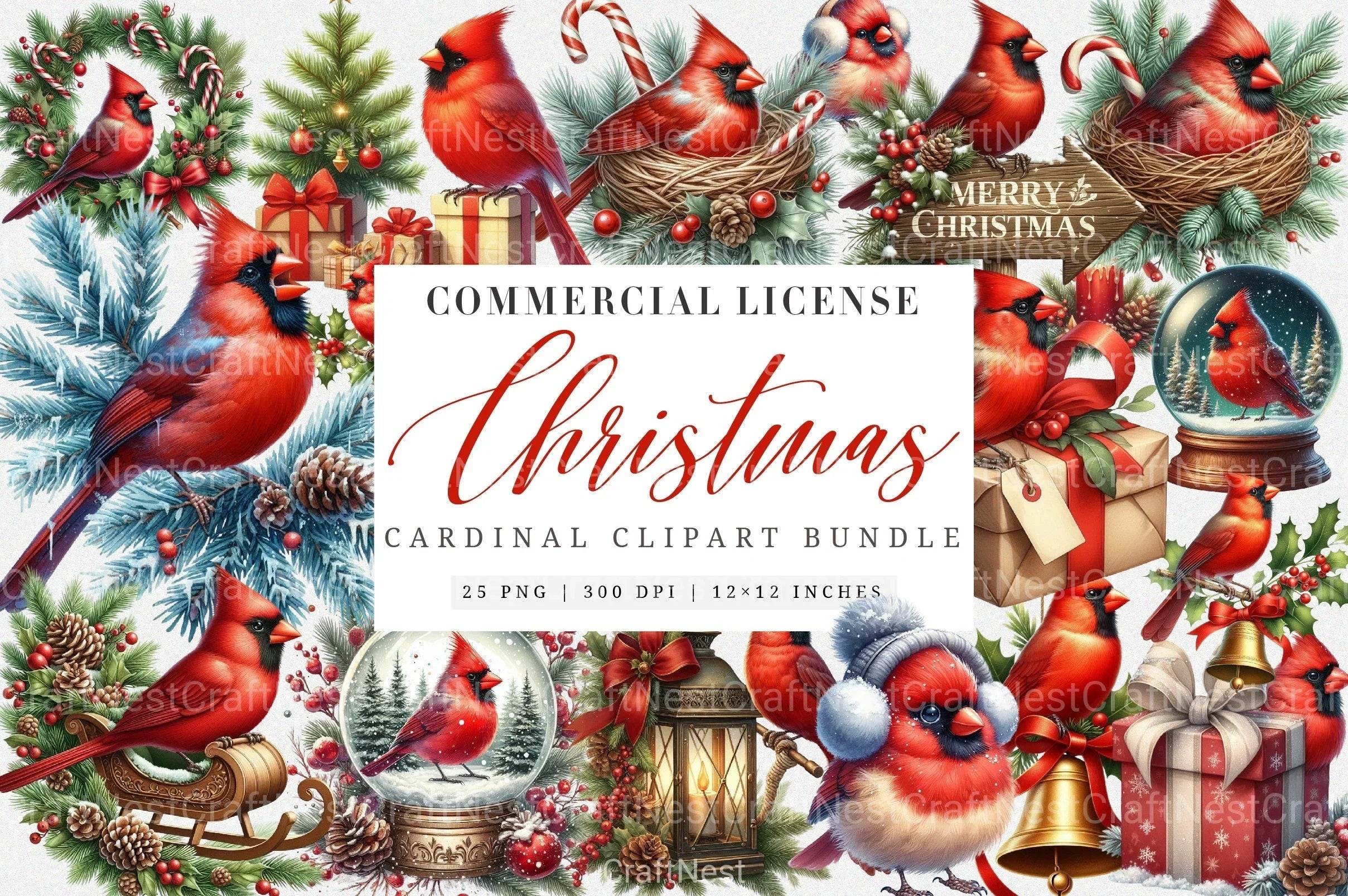 Red Cardinal Christmas Birds Clipart Bundle - CraftNest - Digital Crafting and Art