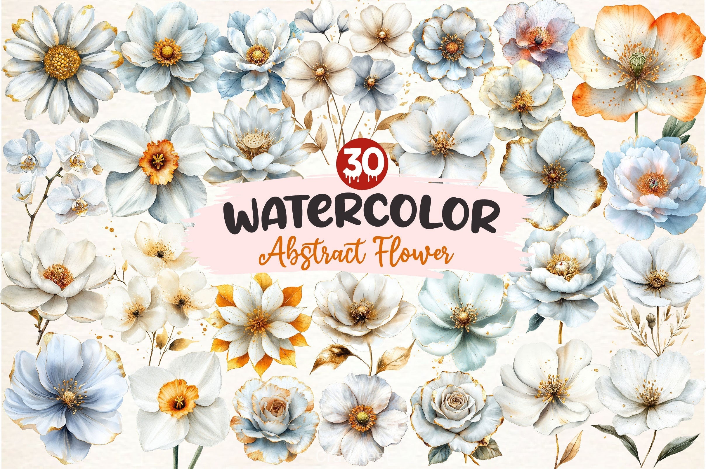 White And Gold Abstract Flower Clipart Bundle