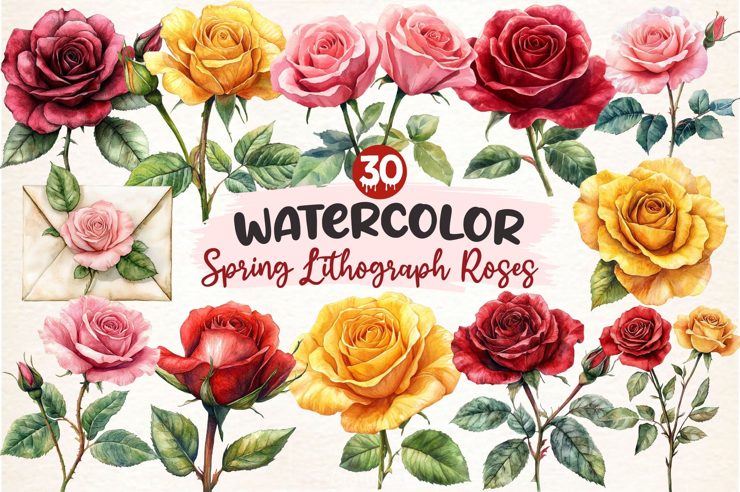 Spring Lithograph Roses Clipart Bundle
