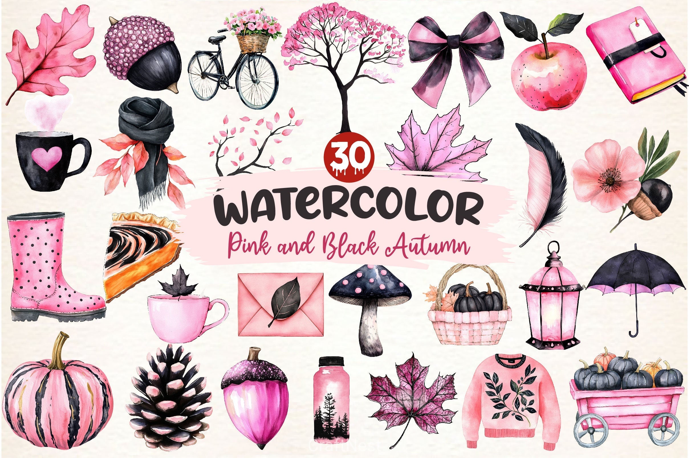 Pink And Black Autumn Clipart Bundle 3