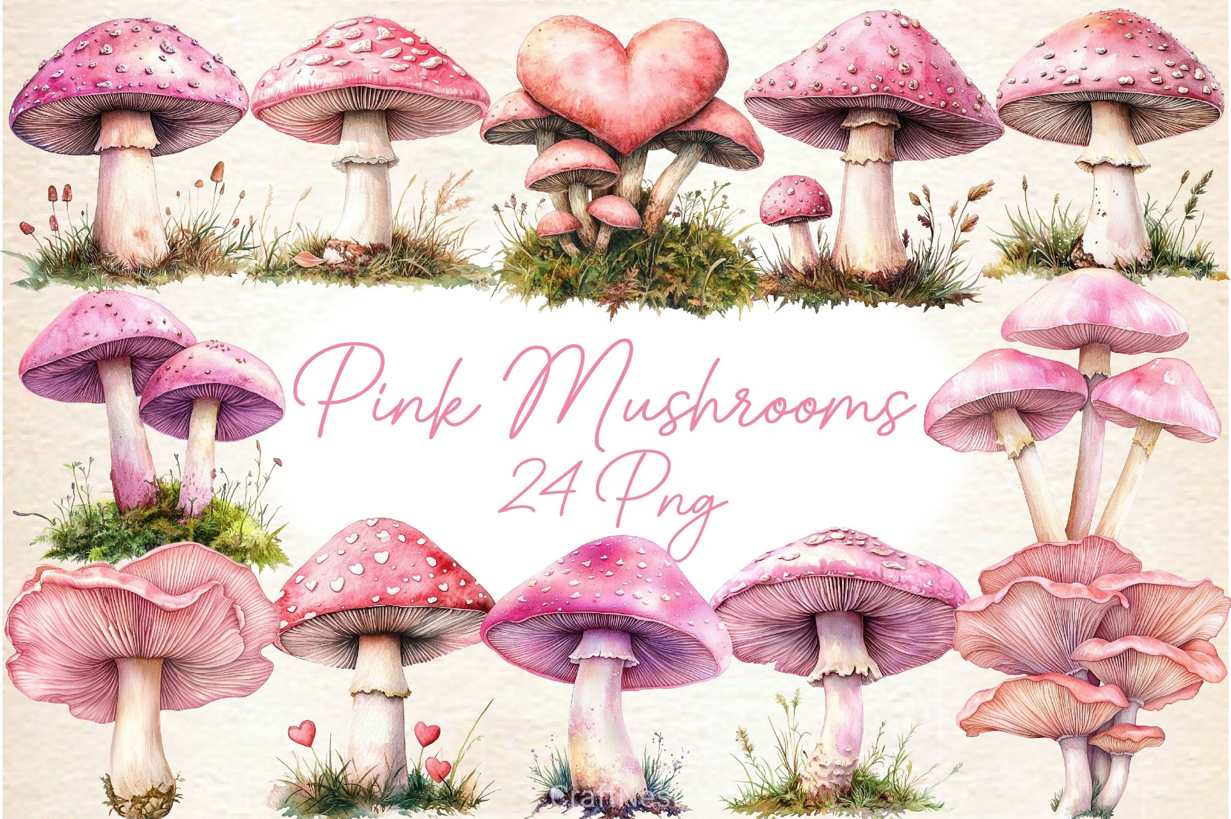 Charming Pink Mushrooms Clipart Bundle