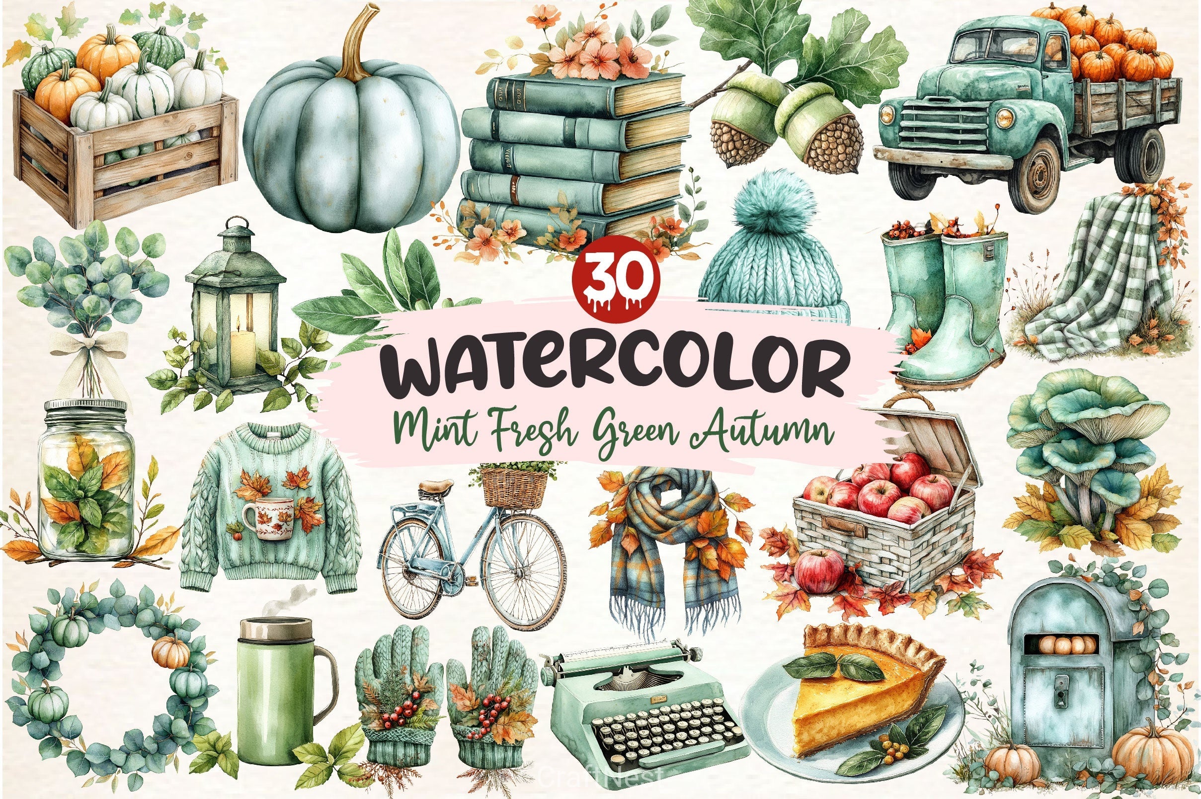 Mint Fresh Green Autumn Clipart Bundle 2