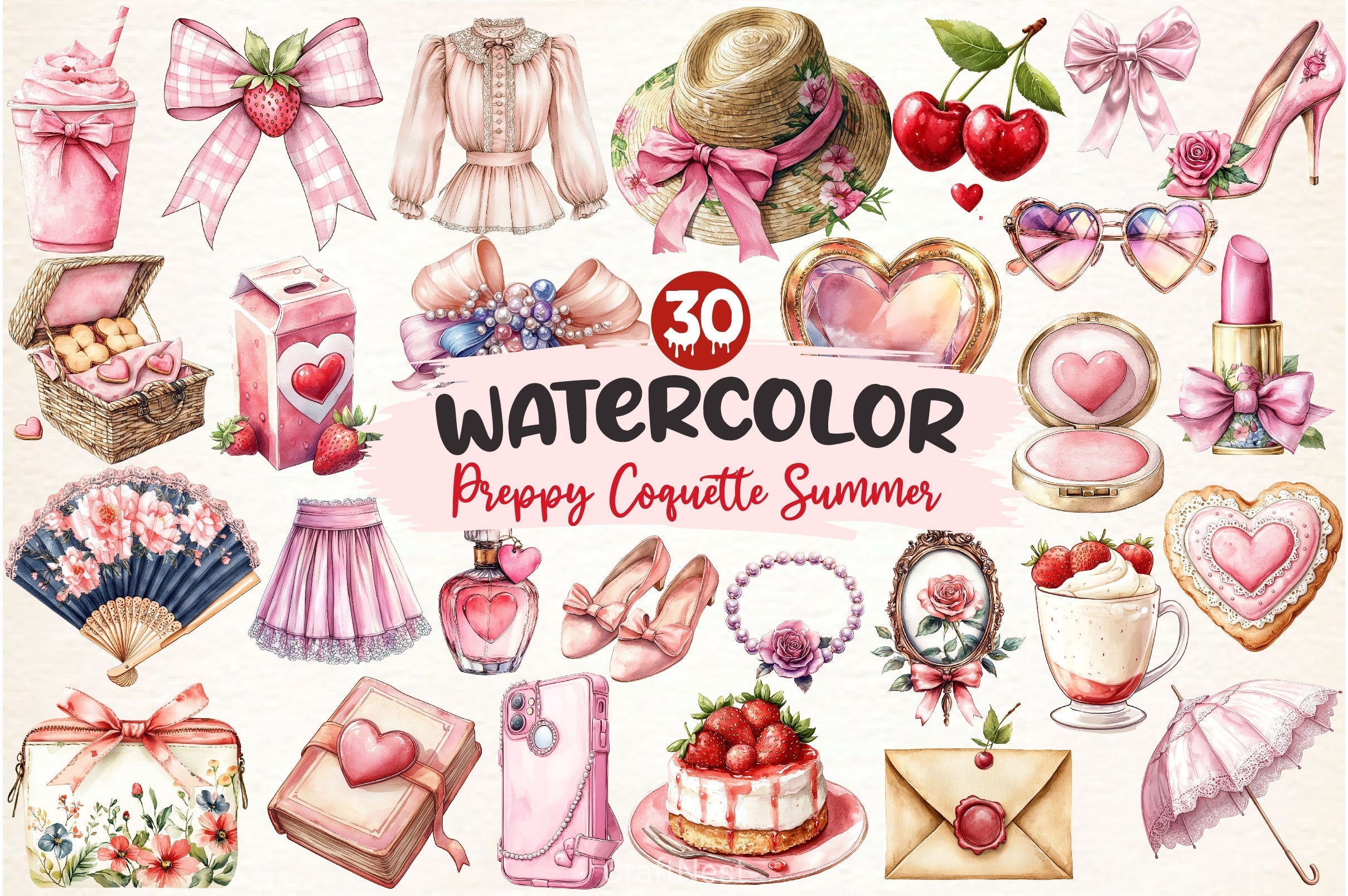 Preppy Coquette Summer Clipart Bundle