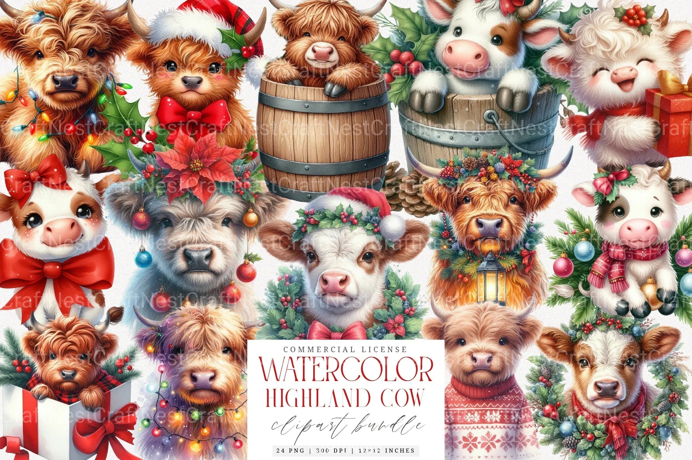 Christmas Cow Highland New Year Clipart Bundle - CraftNest - Digital Crafting and Art