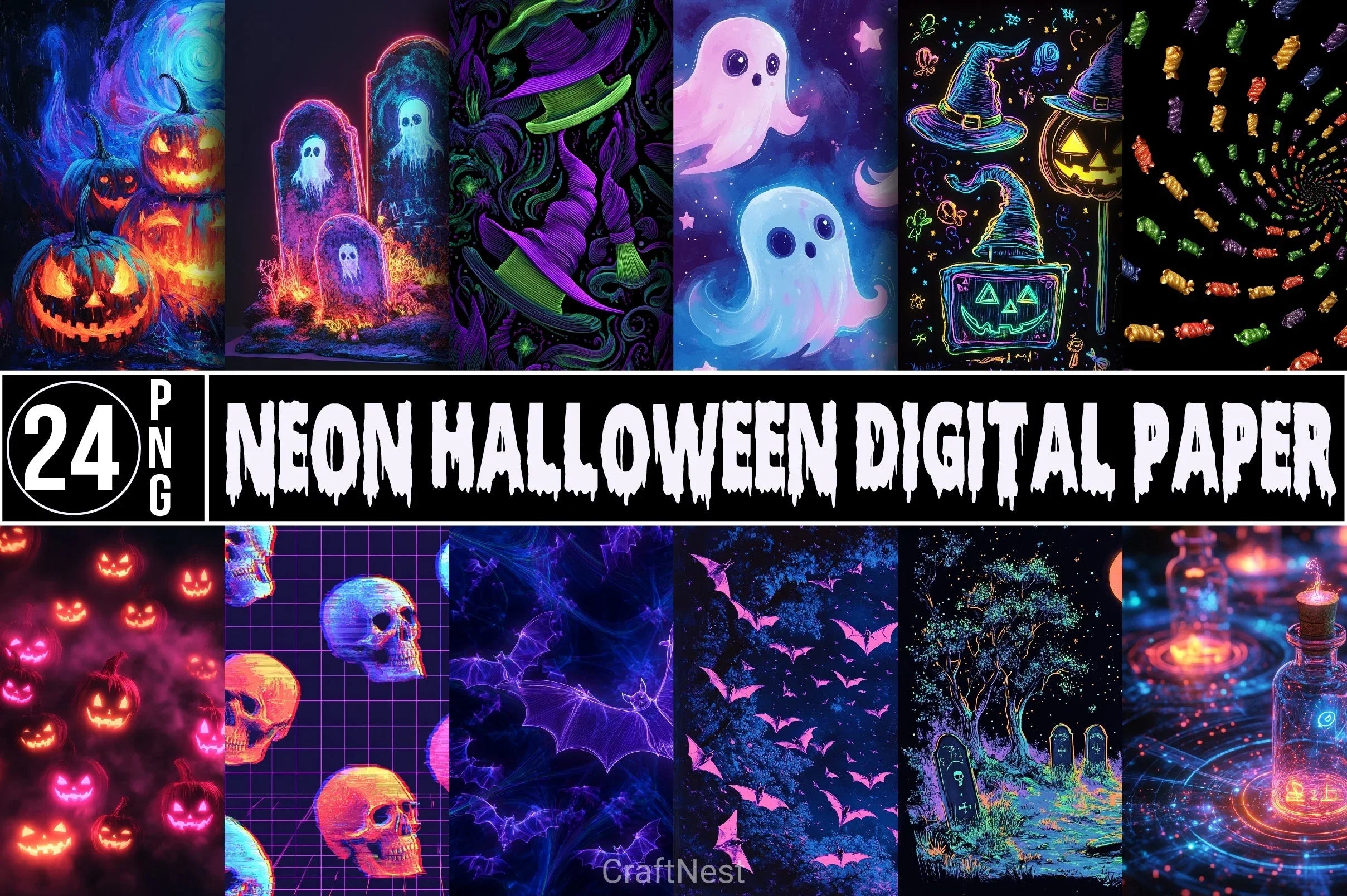 Neon Halloween Digital Paper - CraftNest - Digital Crafting and Art