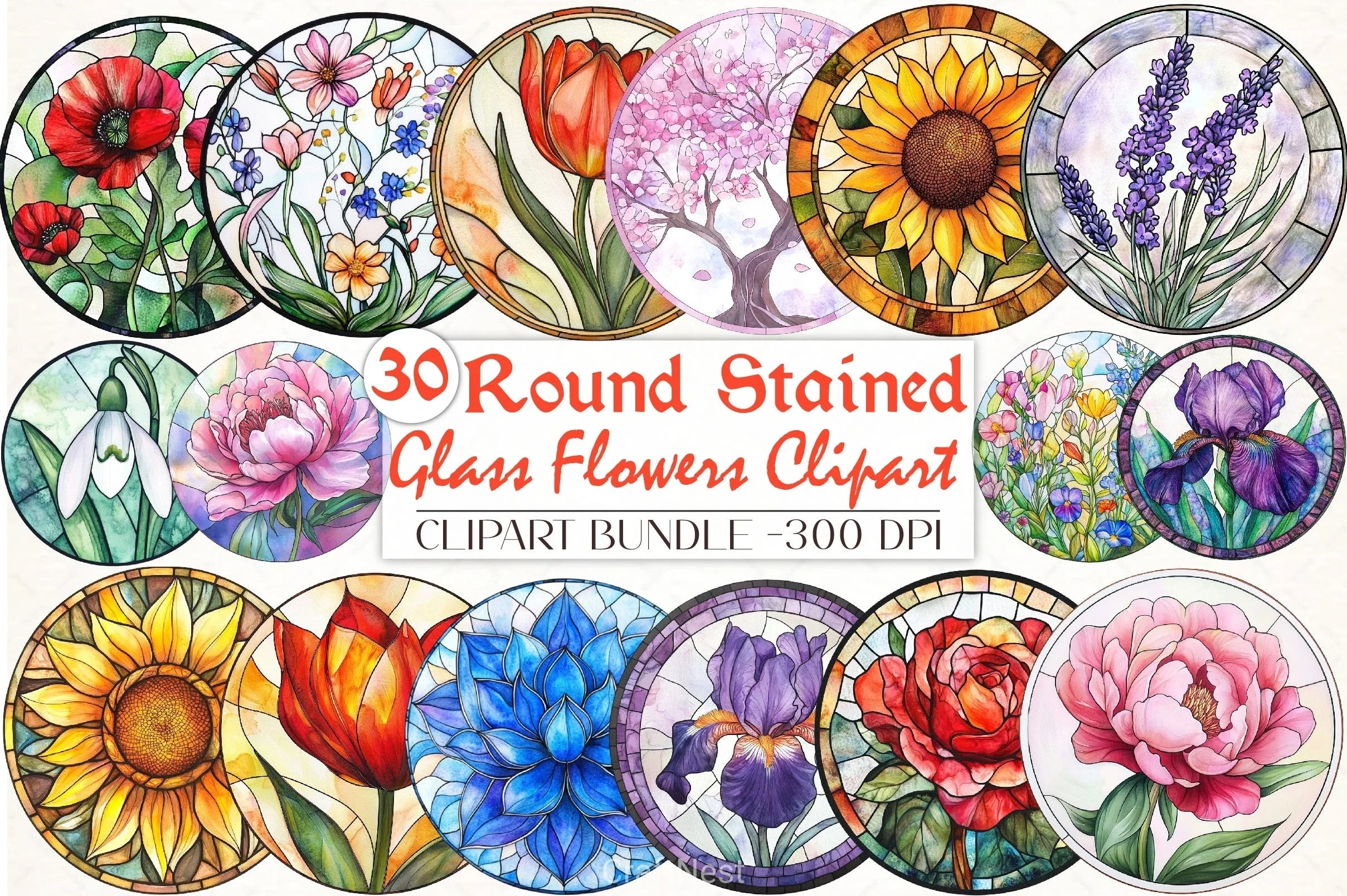 Round Stained Glass Flowers Clipart Bundle - CraftNest - Digital Crafting and Art
