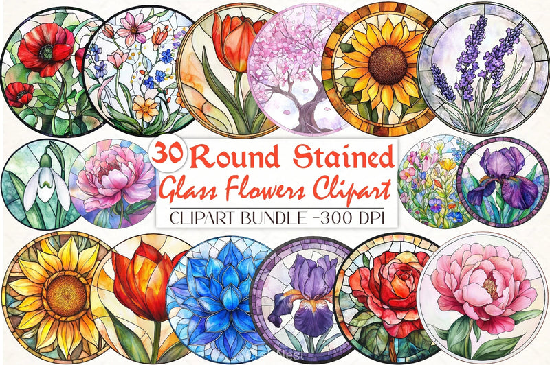 Round Stained Glass Flowers Clipart Bundle - CraftNest - Digital Crafting and Art