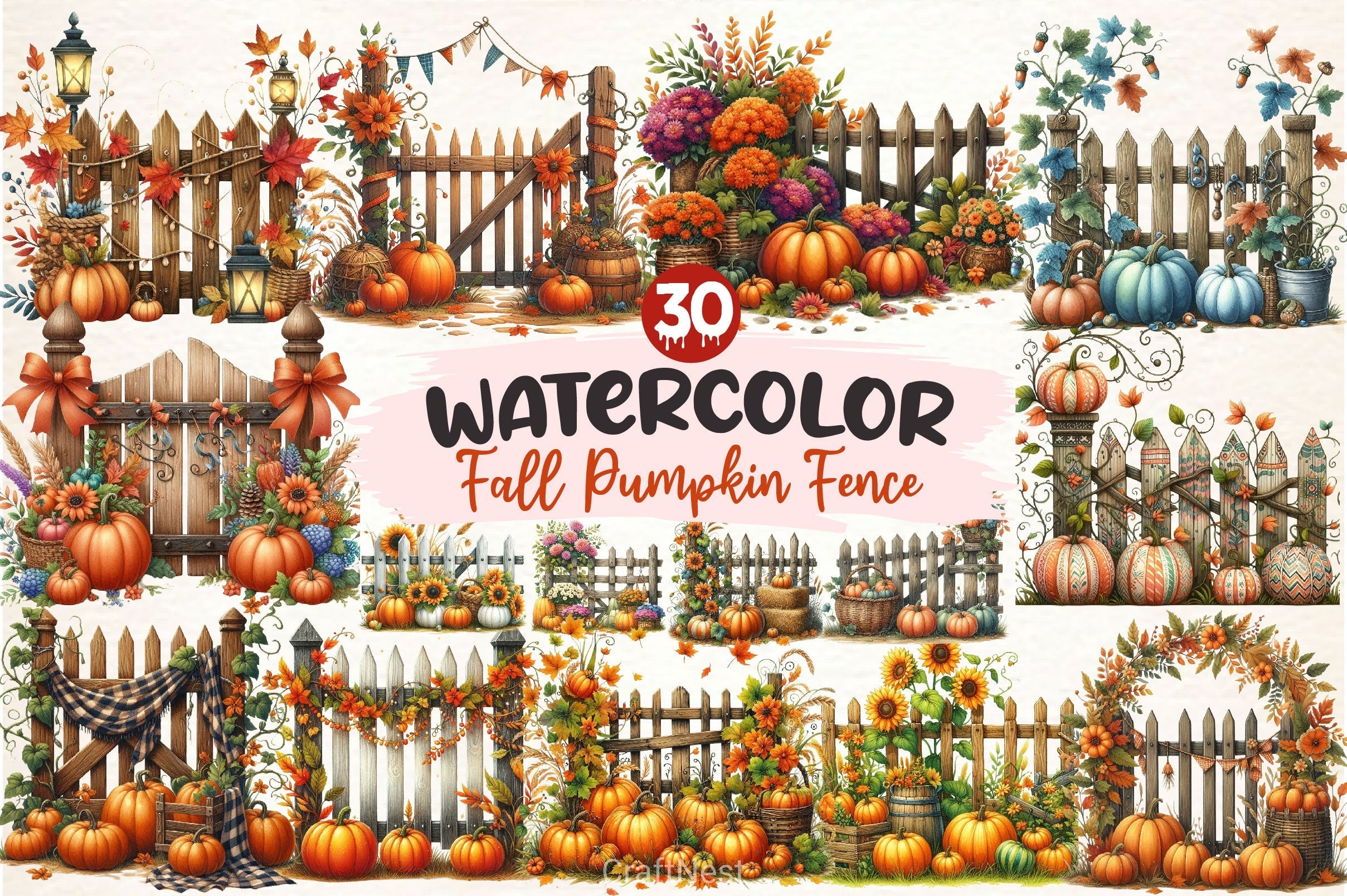 Fall Pumpkin Fence Clipart Bundle 1