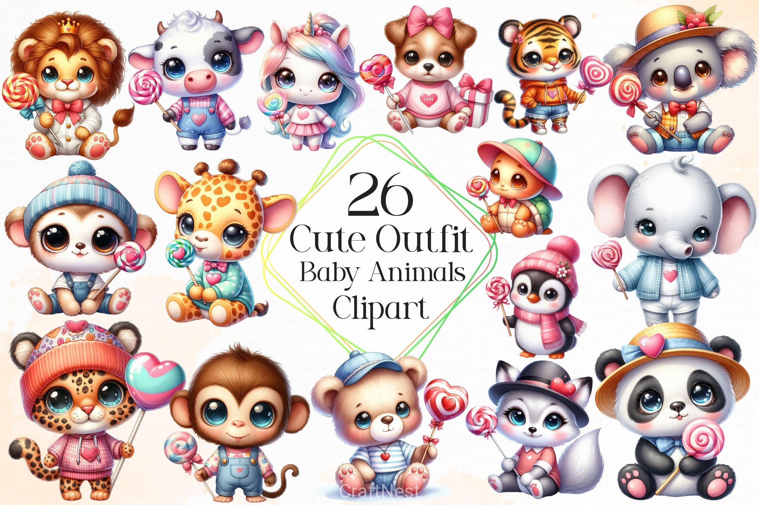 Cute Outfit Baby Animals Clipart Bundle 2