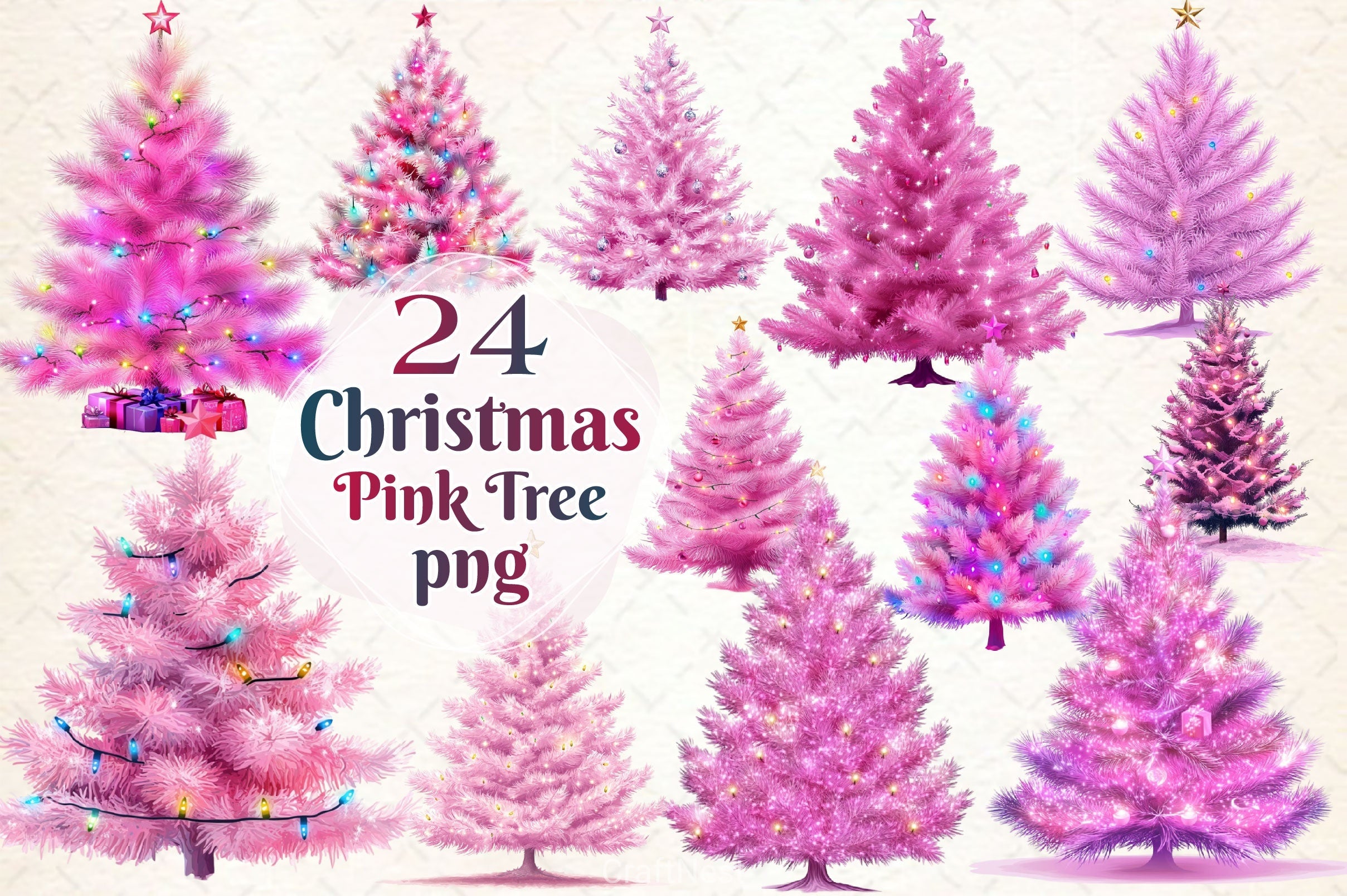 Pink Christmas Tree Clipart Bundle 2