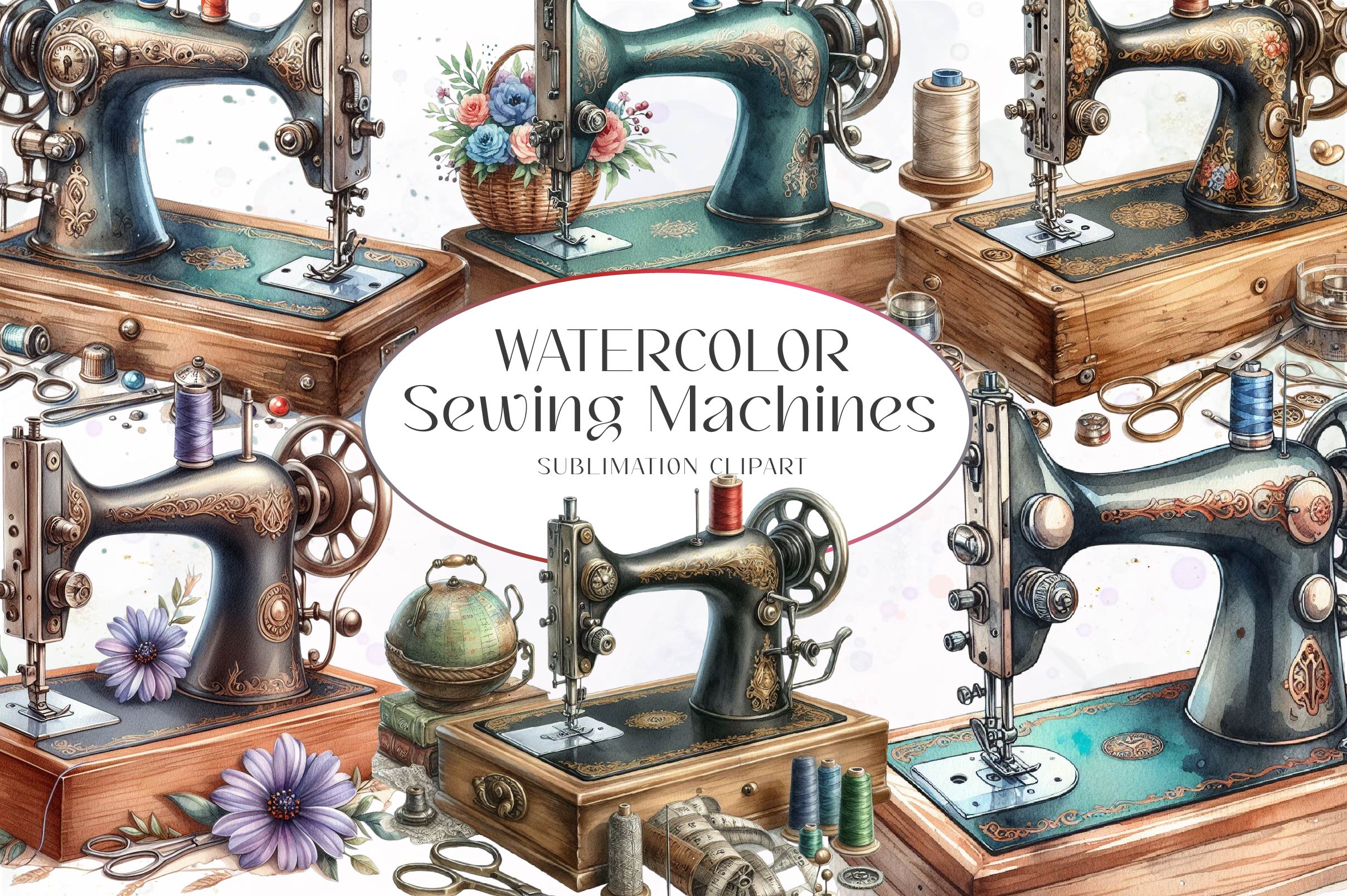 Vintage Sewing Machines Clipart Bundle