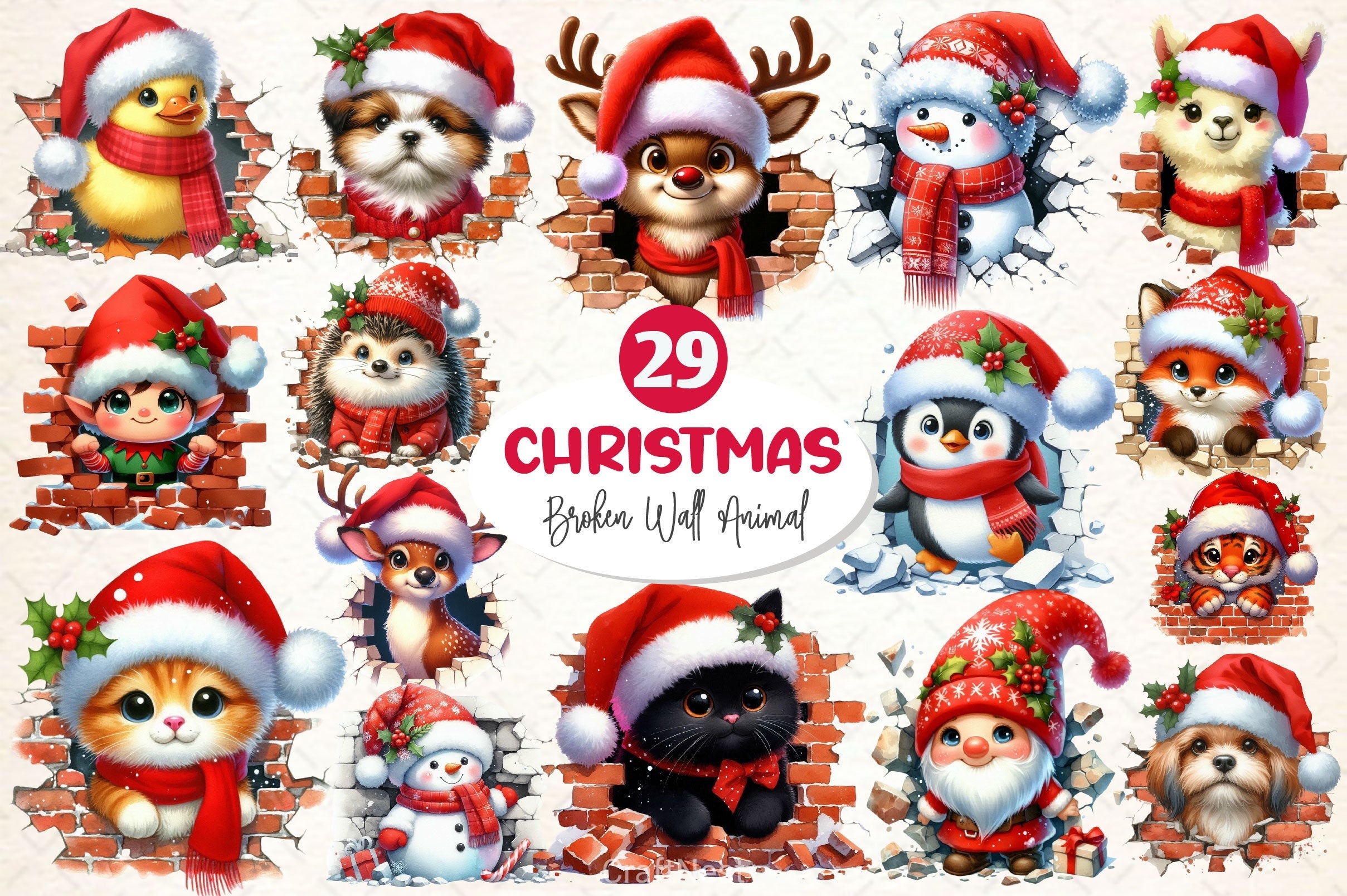 Christmas Animal Broken Wall Clipart Bundle