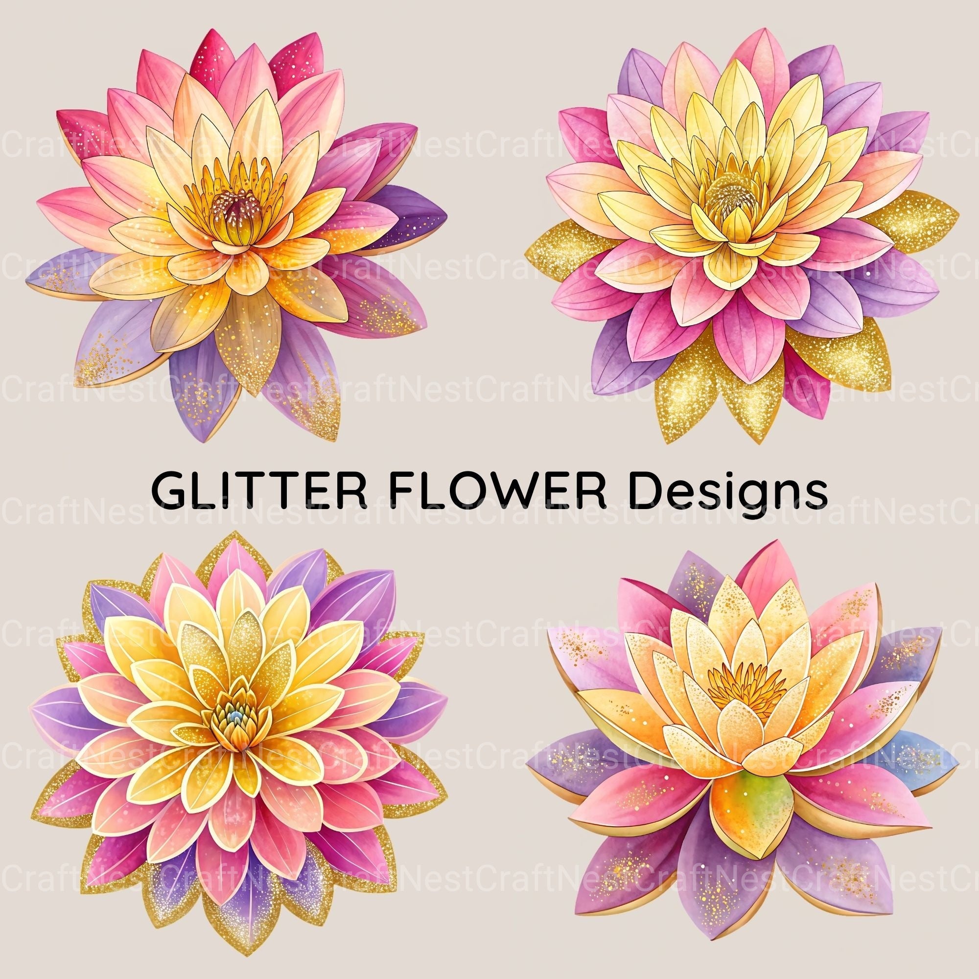 Glitter Flowers Clipart Bundle