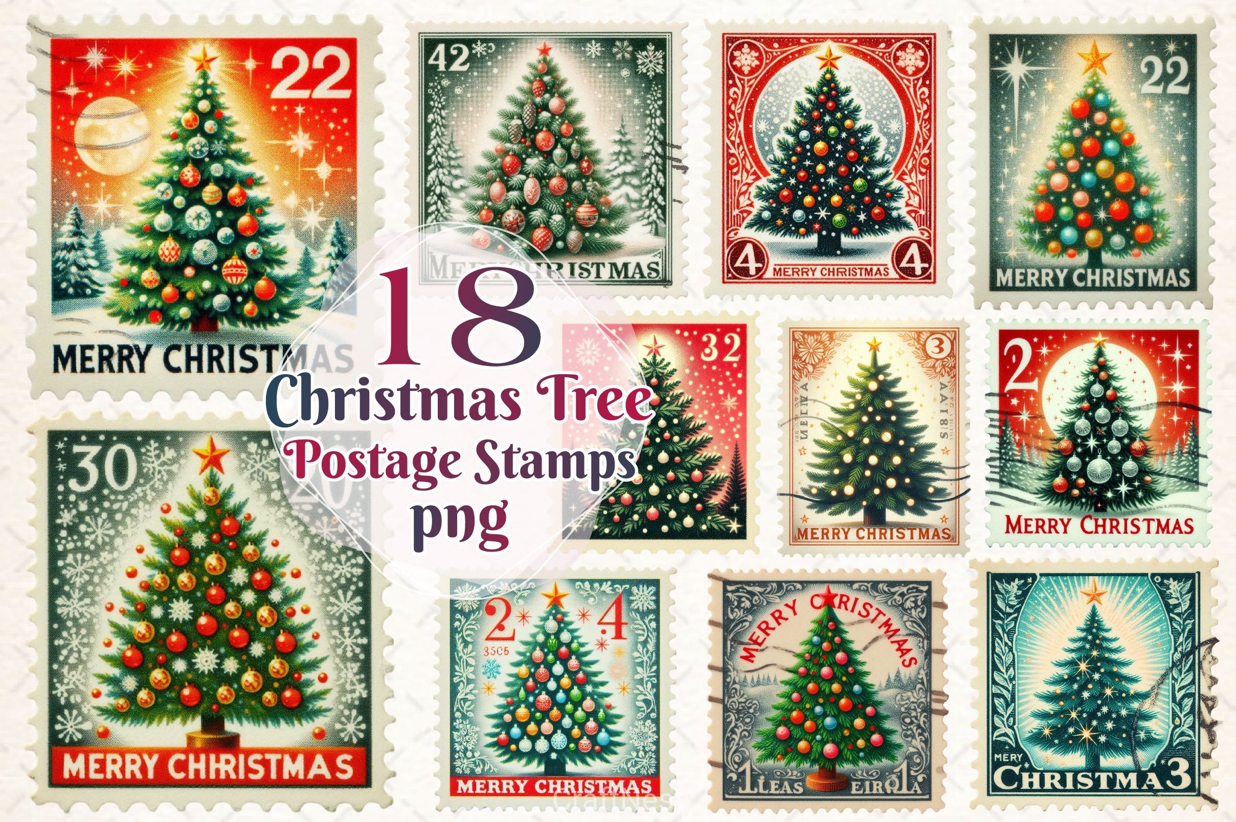 Christmas Tree Postage Stamps Clipart Bundle