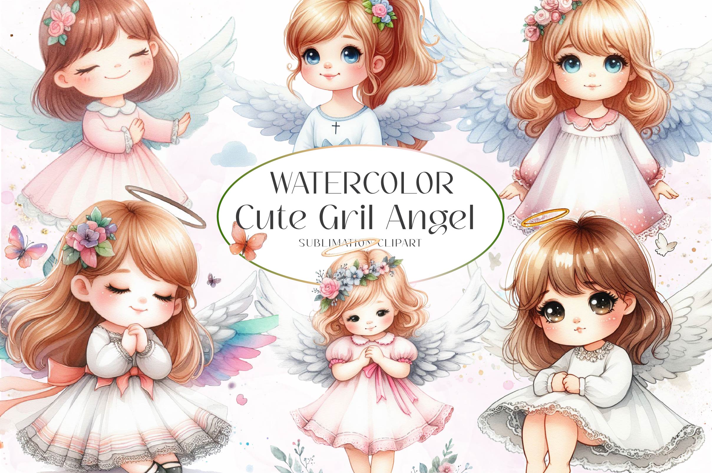 Cute Girl Angel Clipart Bundle