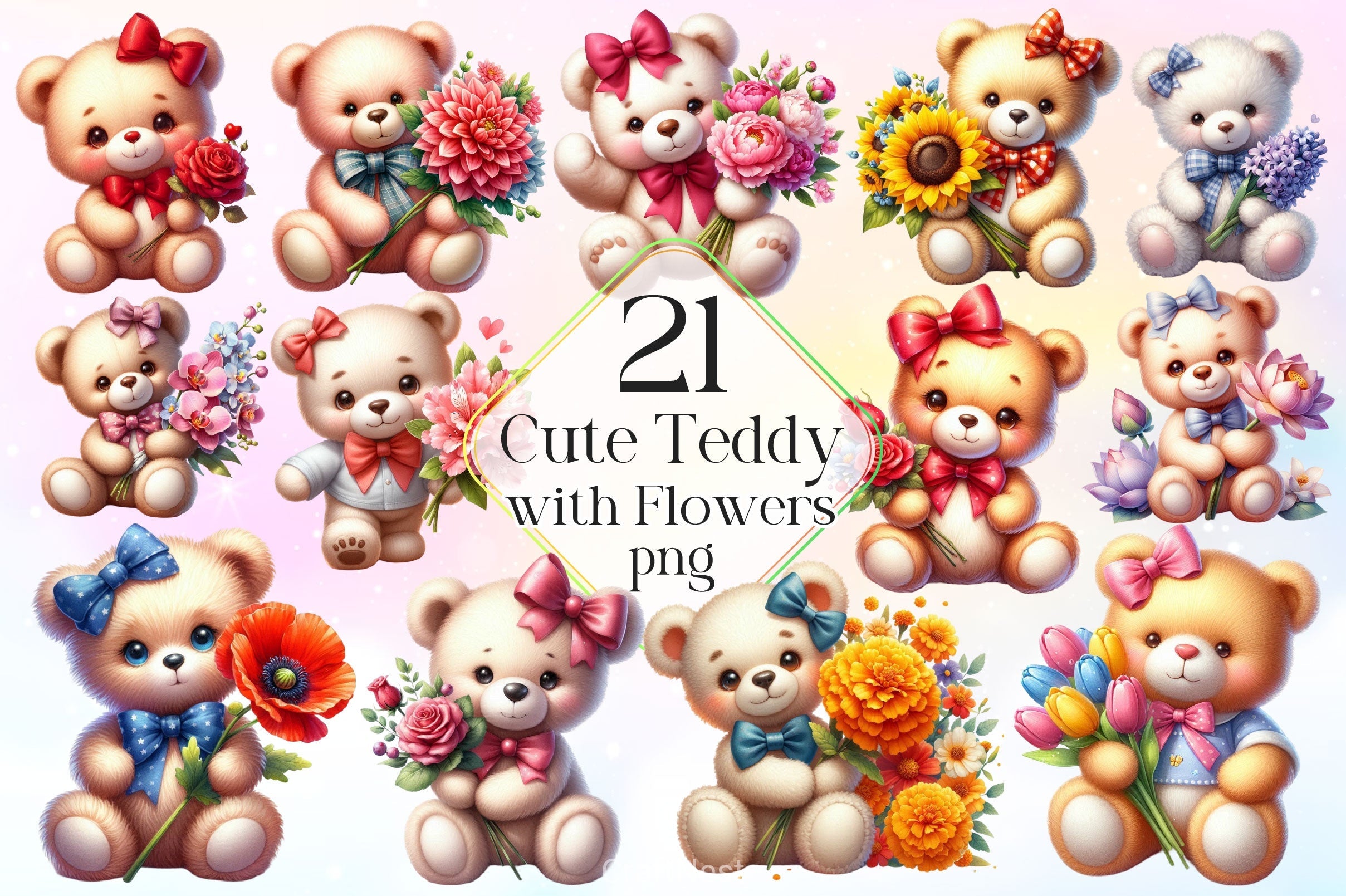 Teddy Bear Holding Flowers Clipart Bundle