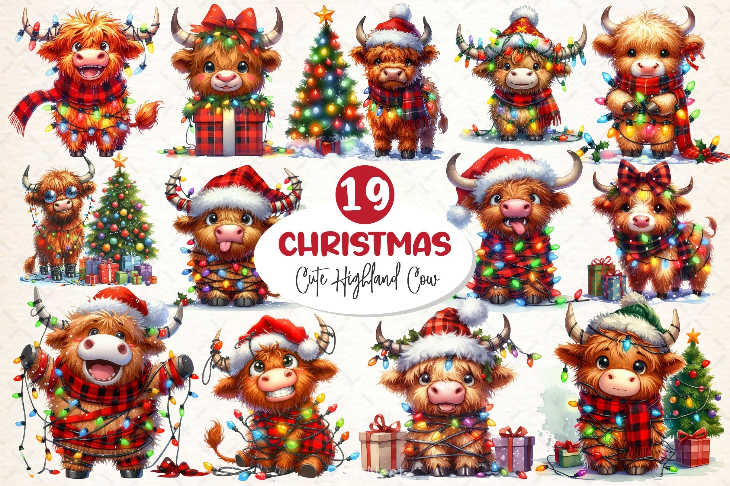 Cute Christmas Highland Cow Clipart Bundle 3