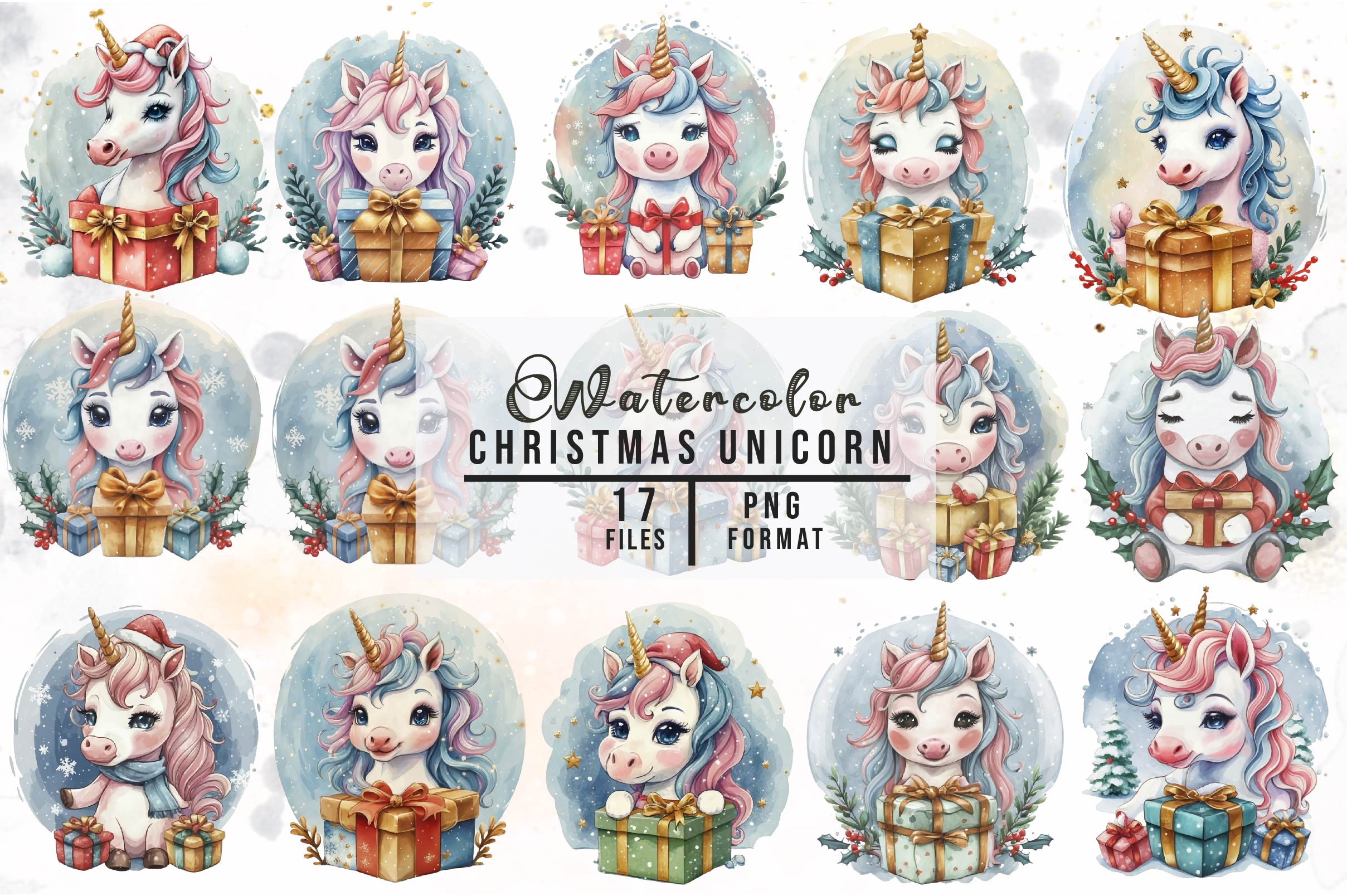 Magical Floral Christmas Unicorn Design Clipart Bundle