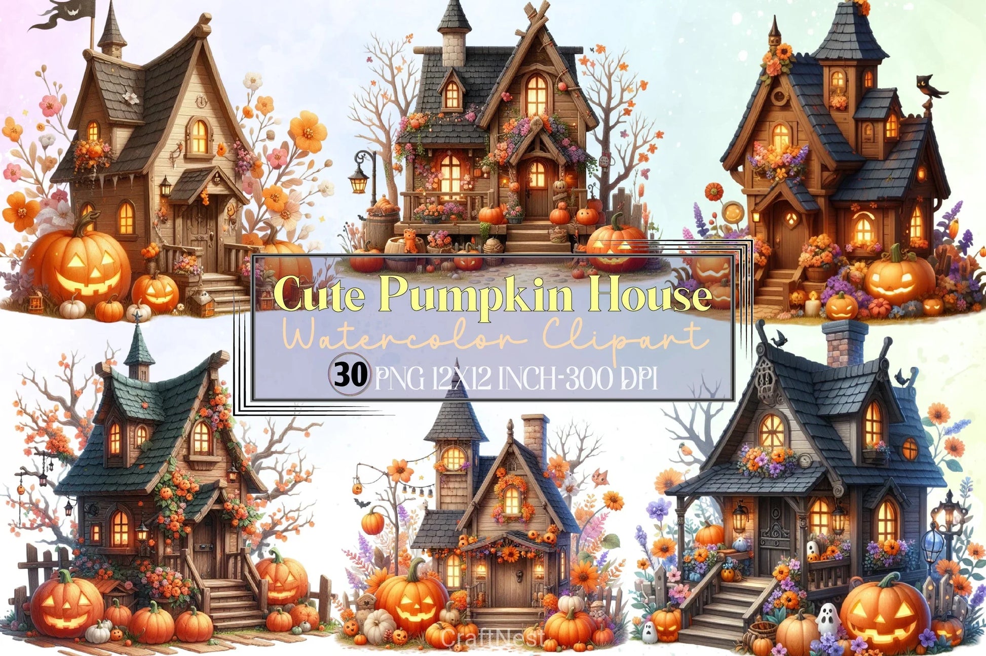 Cute Pumpkin House Clipart Bundle - CraftNest - Digital Crafting and Art