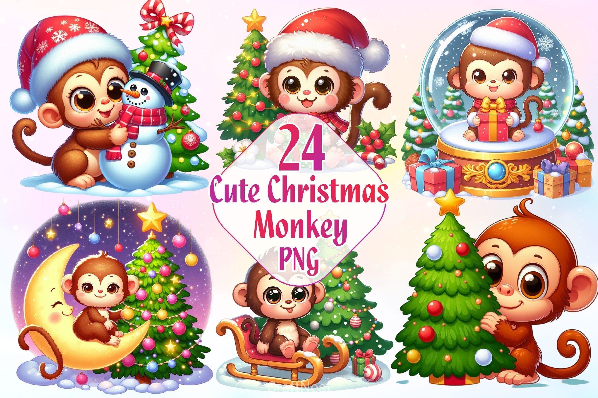 Cute Christmas Monkey Clipart Bundle