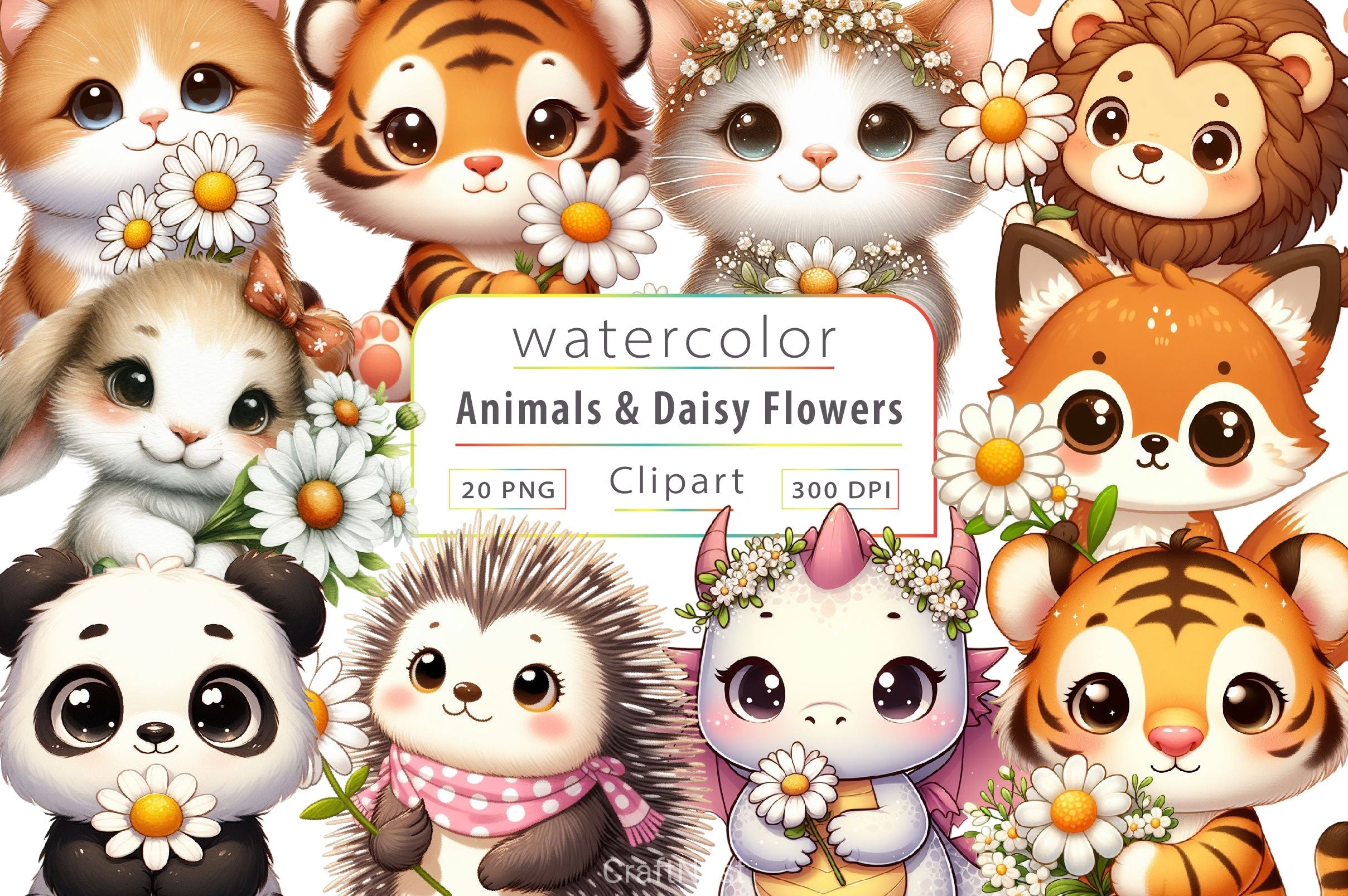 Cute Animals & Daisy Flowers Clipart Bundle 4