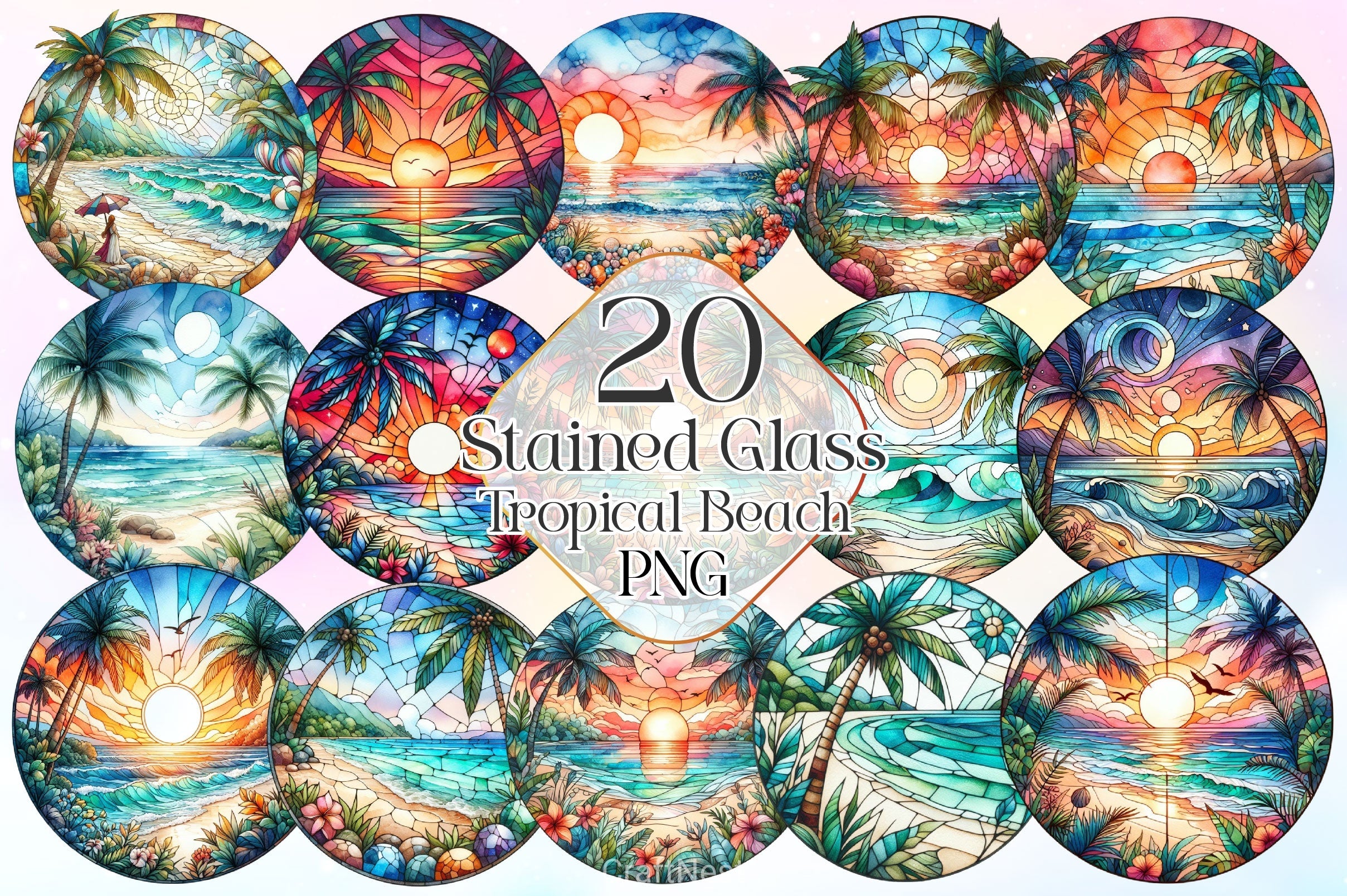 Stained Glass Tropical Beach Clipart Bundle
