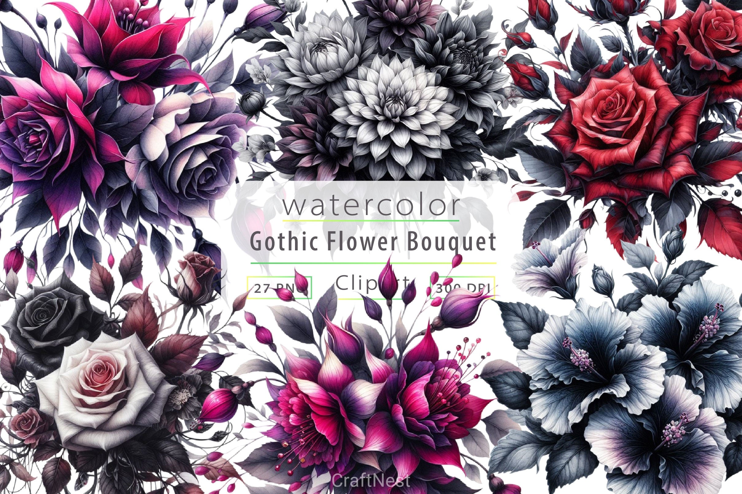 Gothic Flower Bouquet Clipart Bundle