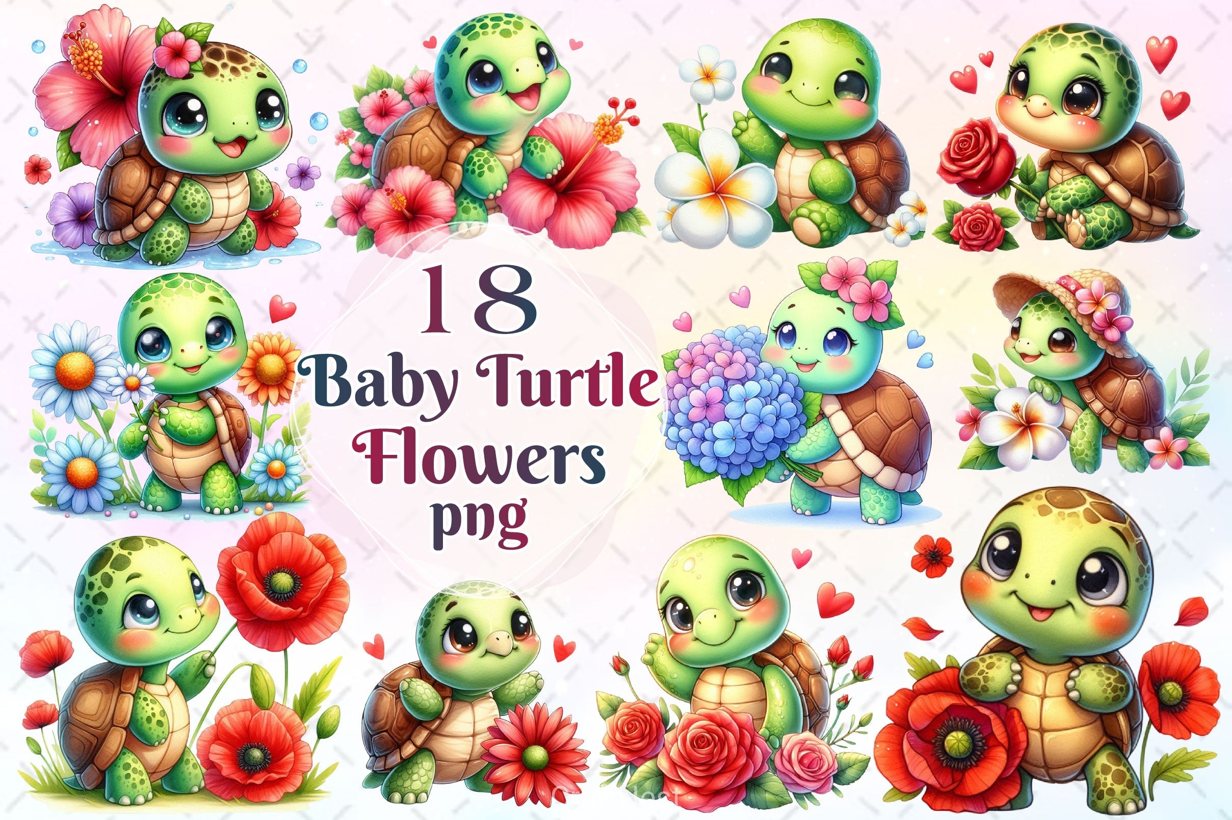 Baby Turtle Flowers Clipart Bundle