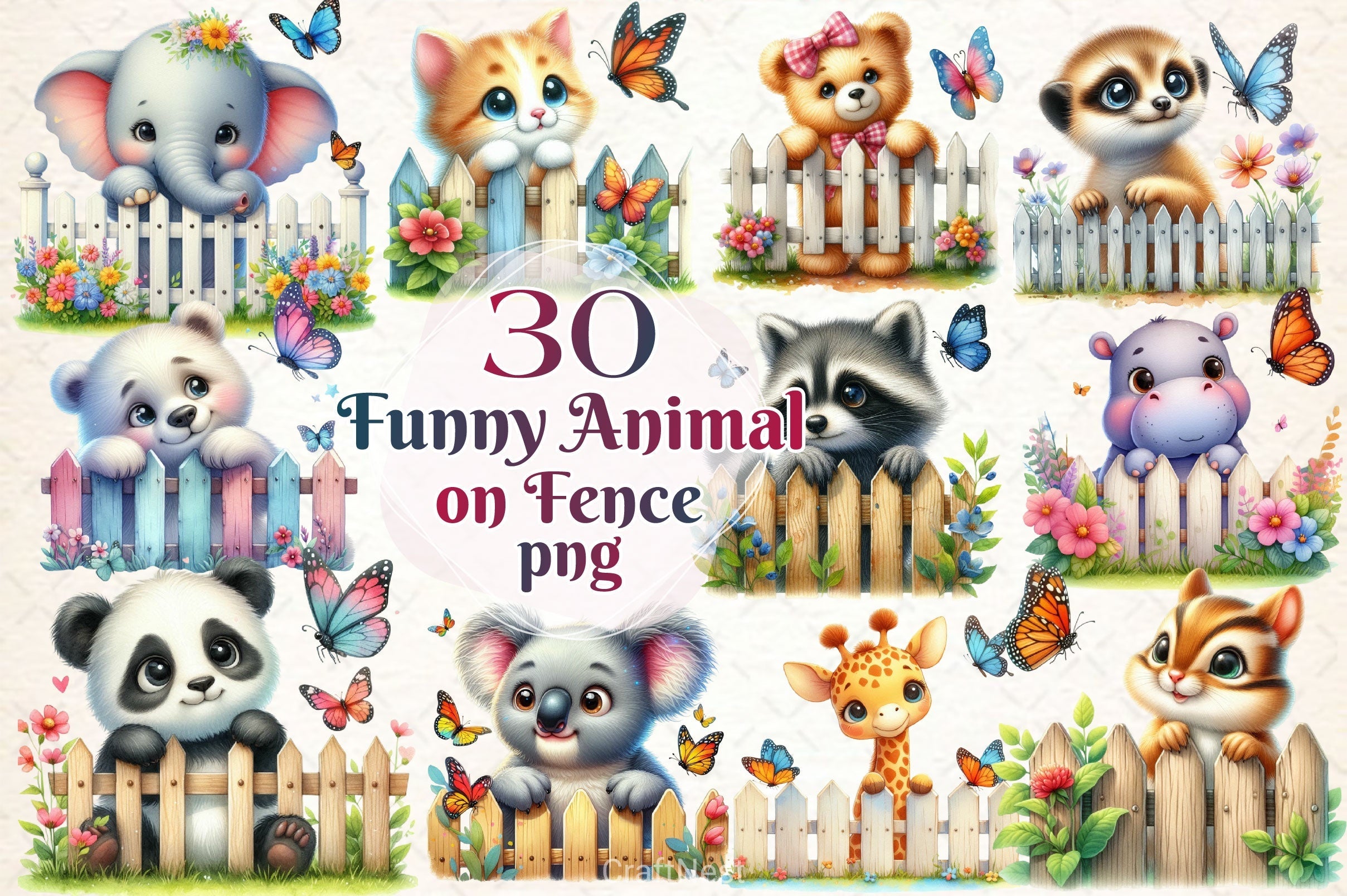Funny Animal On Fence Clipart Bundle