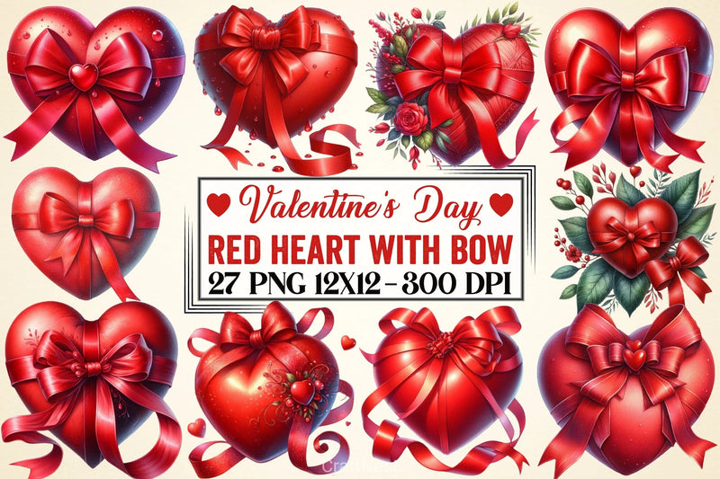 Valentine's Red Heart Bow Clipart Bundle - CraftNest - Digital Crafting and Art