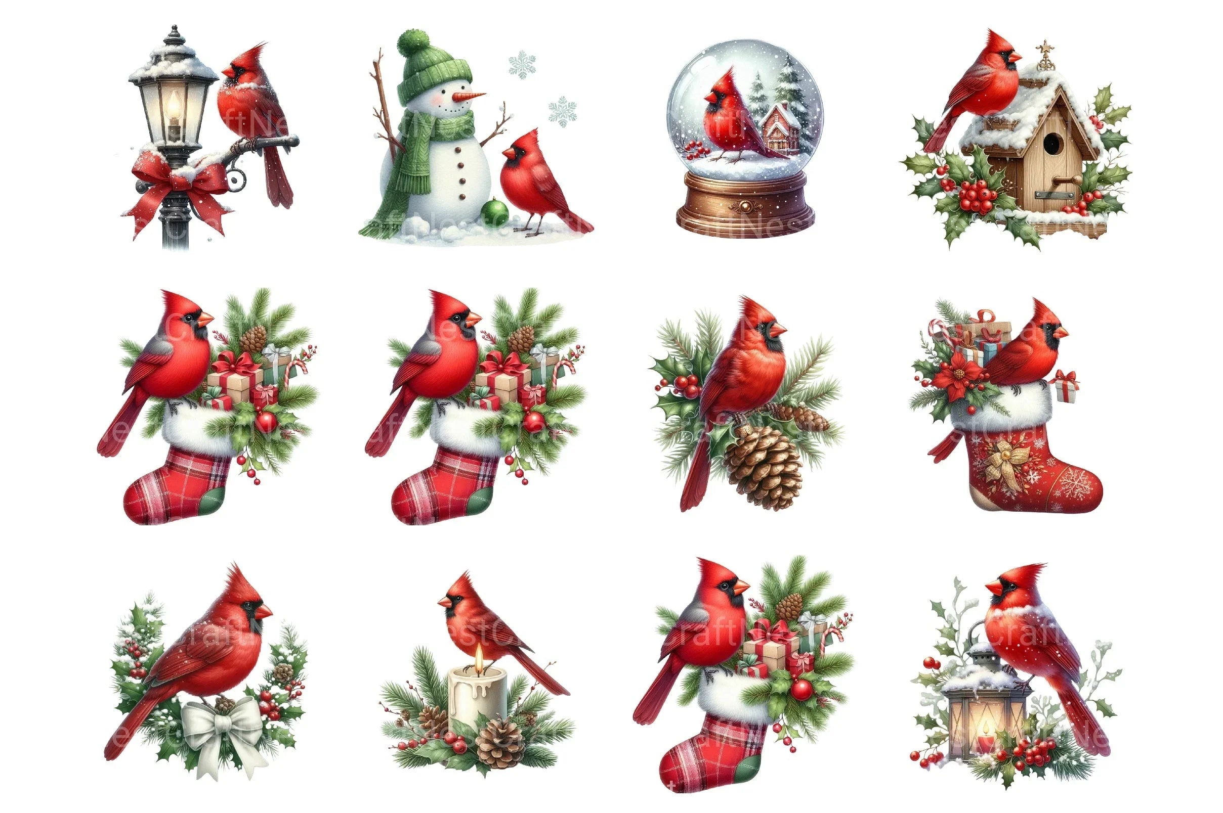 Christmas Red Cardinal Festive Bird Clipart Bundle - Digital Download - CraftNest - Digital Crafting and Art