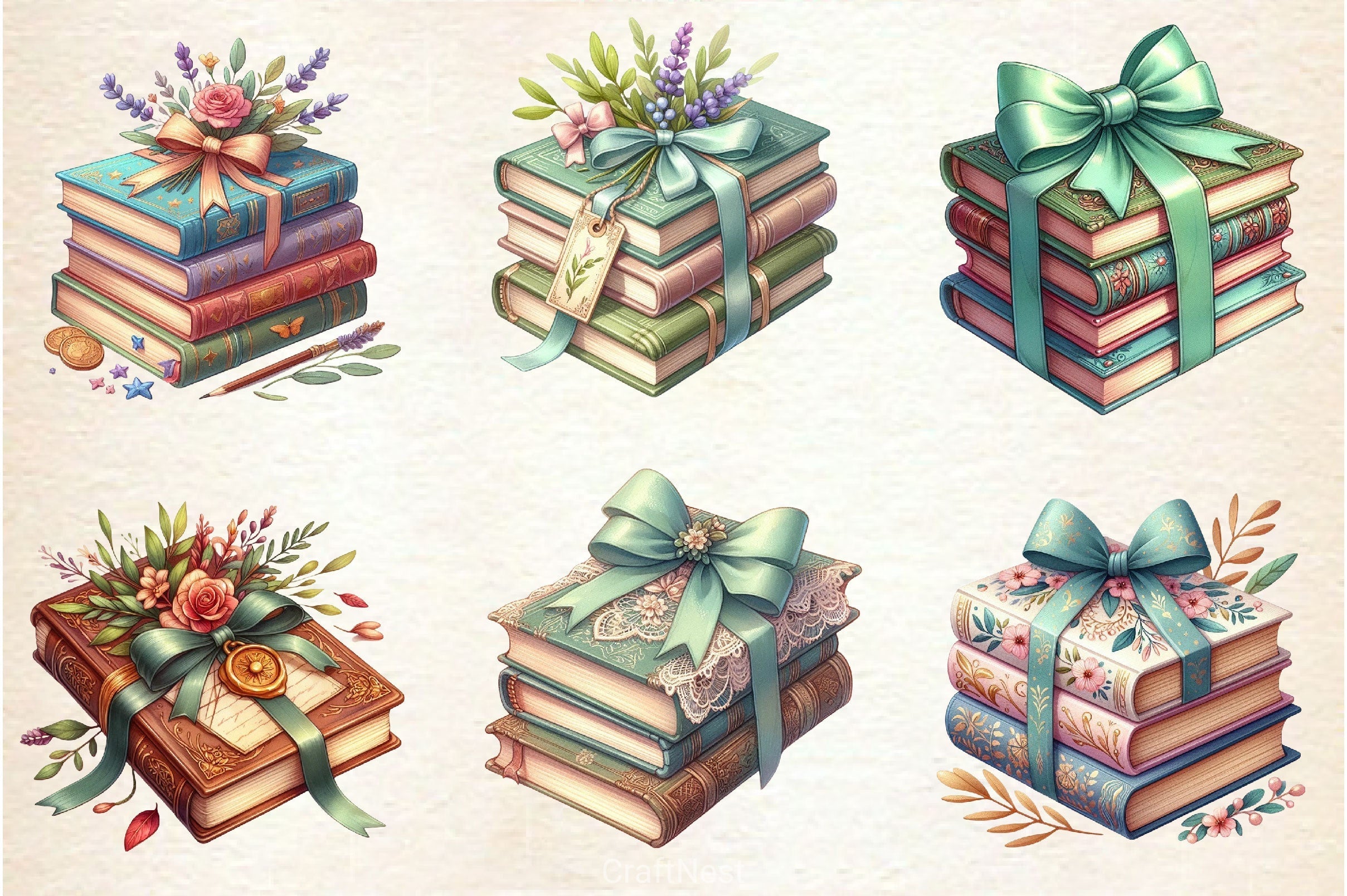 Sage Coquette Bow Book Stack Clipart Bundle