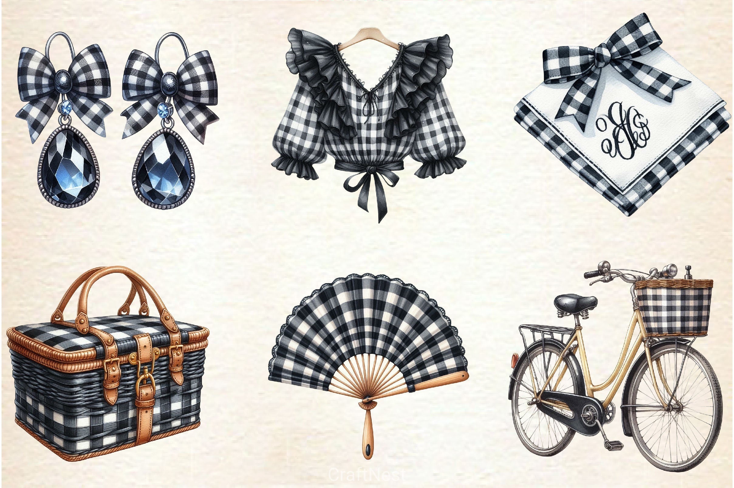 Luxury Black Gingham Summer Clipart Bundle